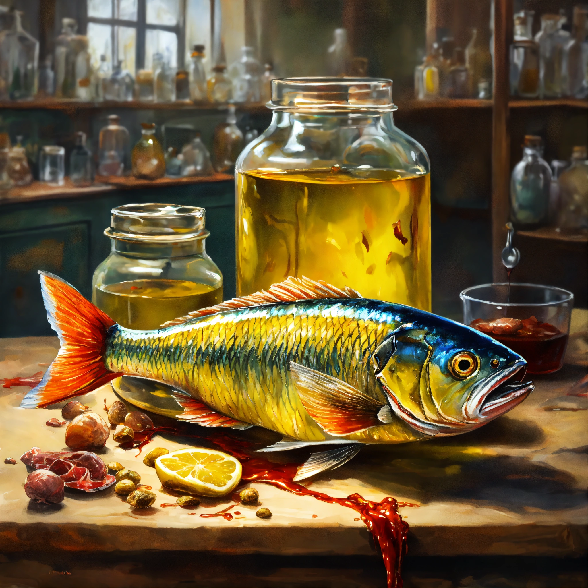 Lexica - Concept art of a vintage glass of yellow oil, fish head and ...