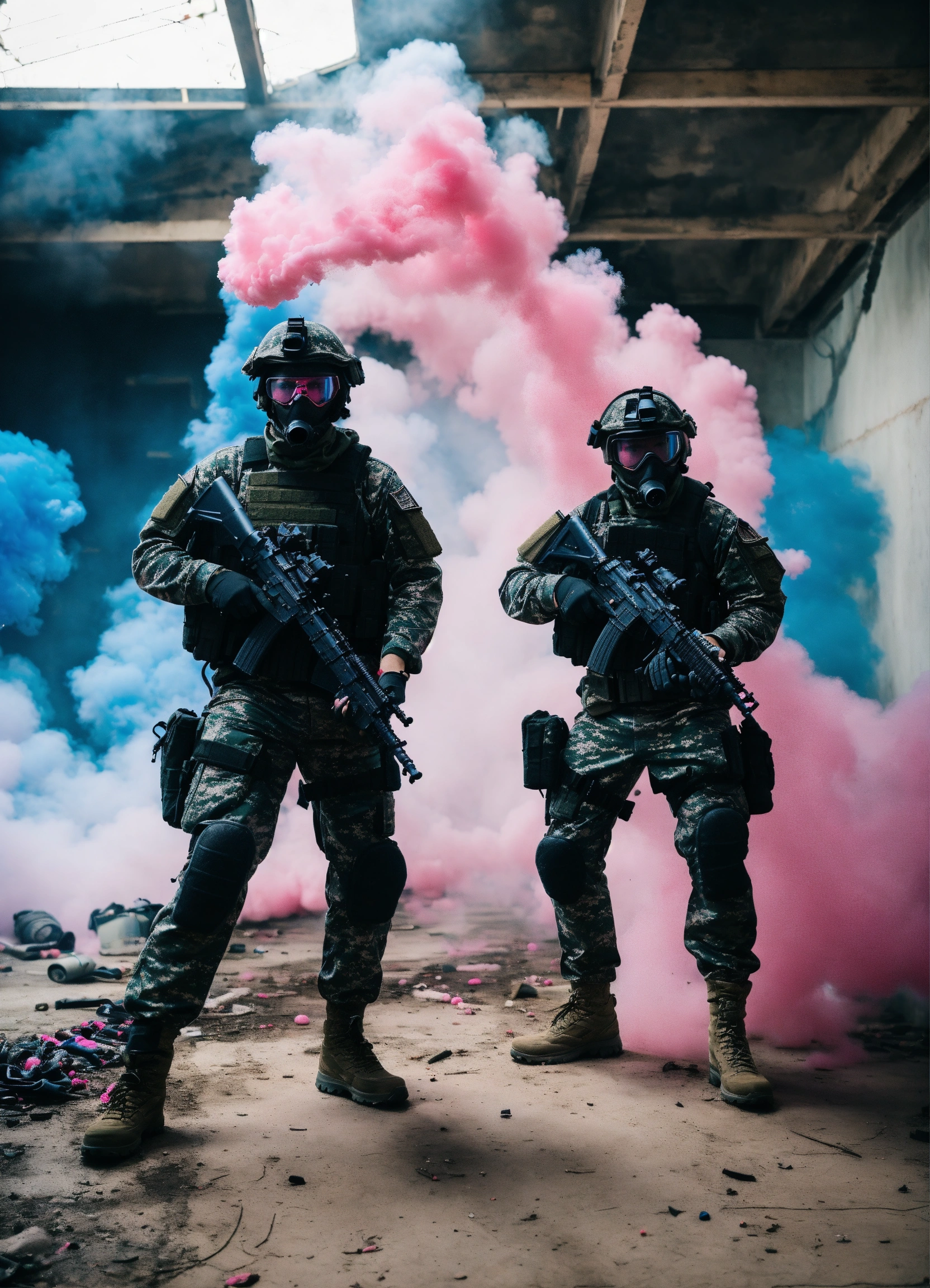 Lexica - Airsoft players in an abandoned space. in a general shot where ...