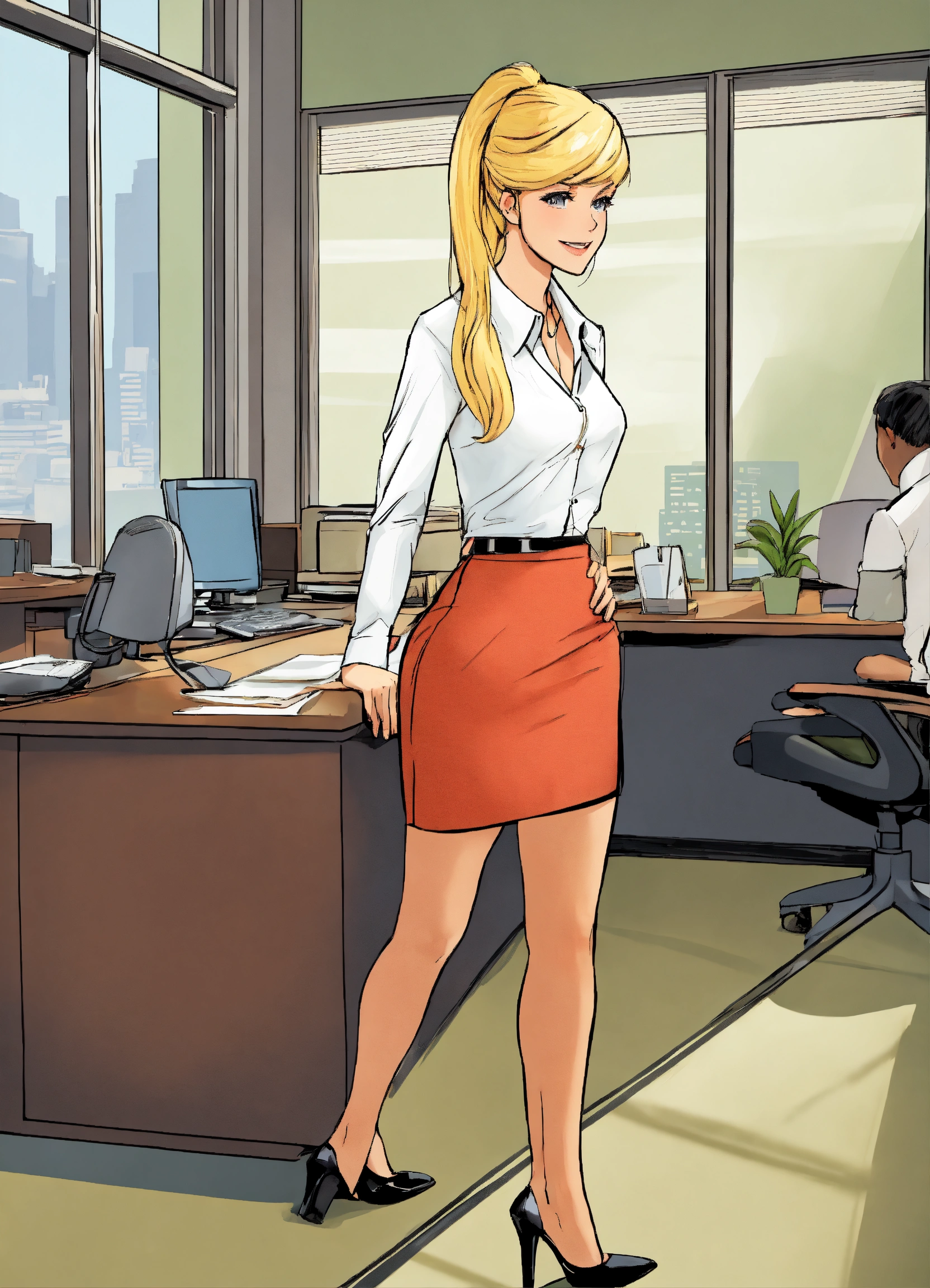 Lexica - A blonde receptionist in a modern office, wearing a miniskirt ...