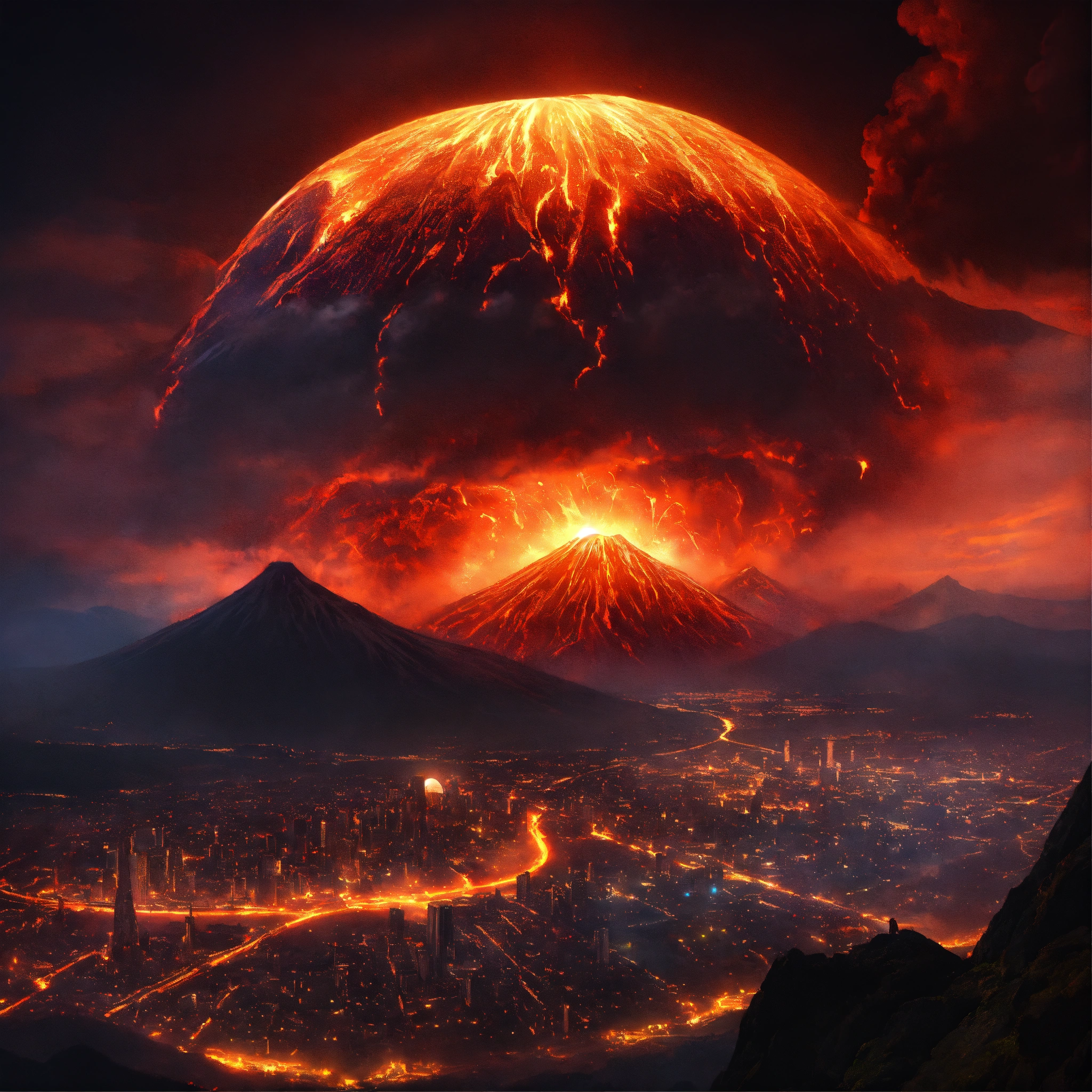 Lexica - Ultra realistic, volcano, big planet in sky, fire, black ...