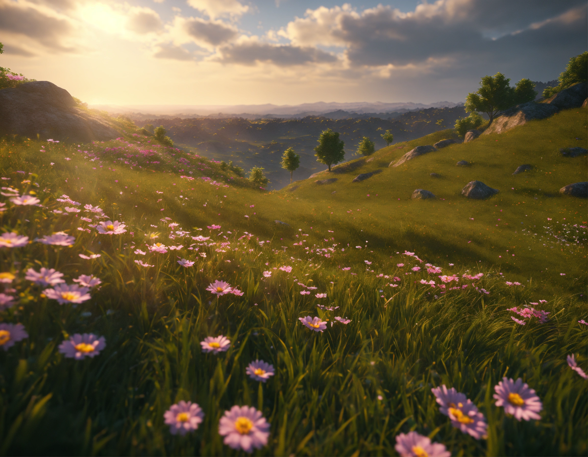 Lexica - Grassy field, flowers, hill, realistic, realistic, unreal ...