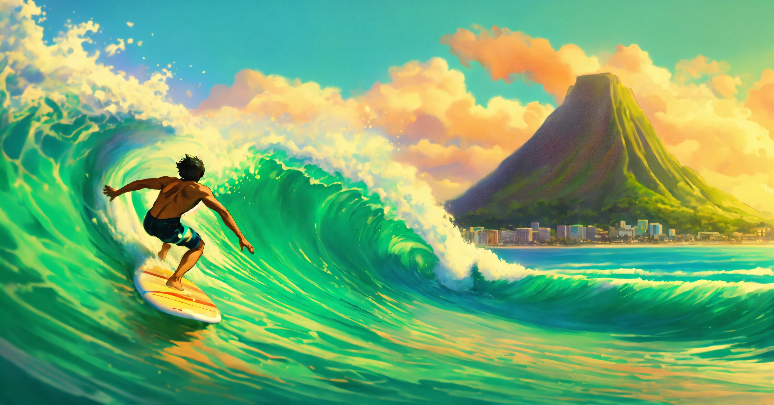 Lexica - Surfer riding a 6ft wave tube at Waikiki with Diamond head in ...