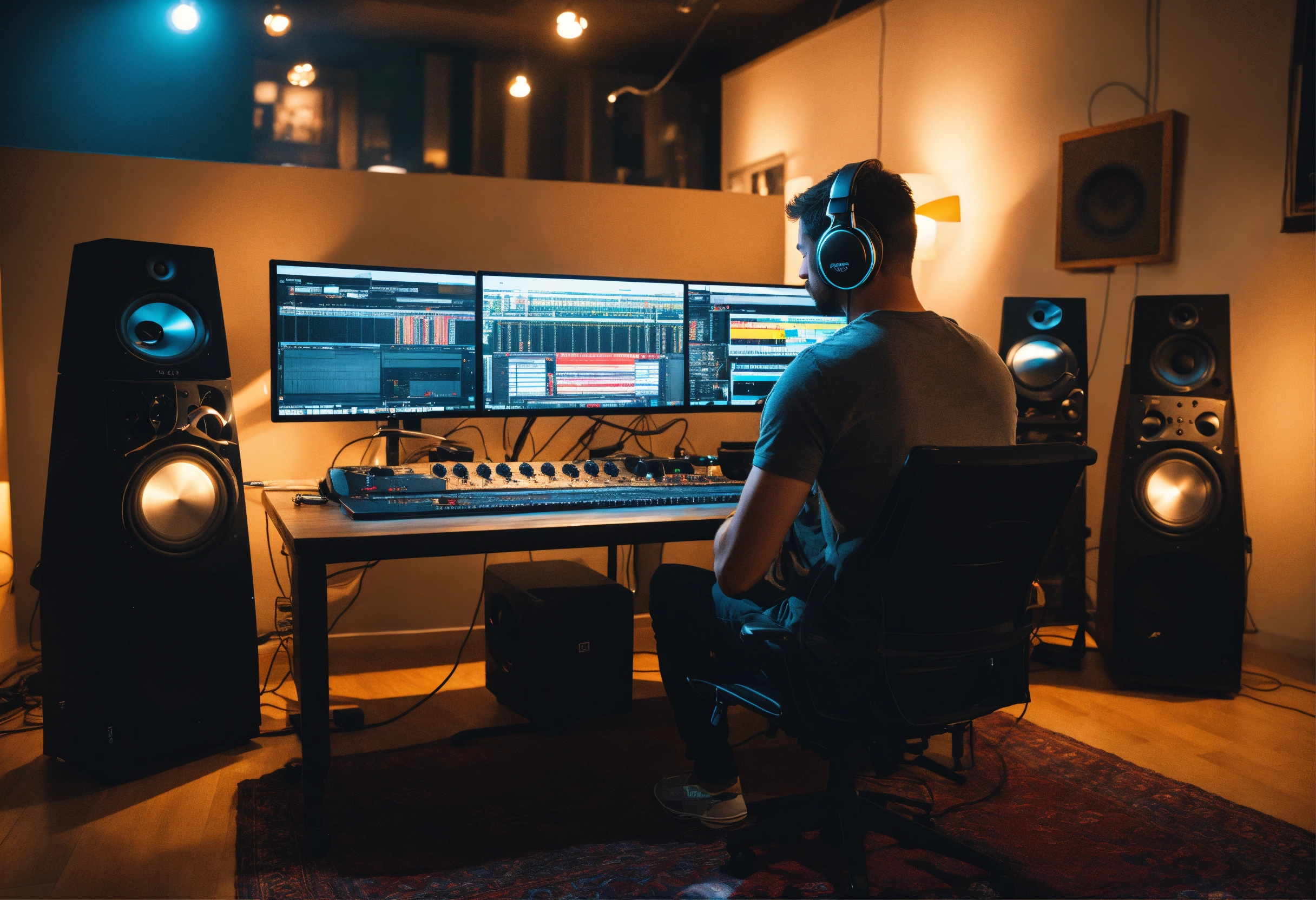 Lexica - Photo a sound engineer at a computer - a person is sitting at ...
