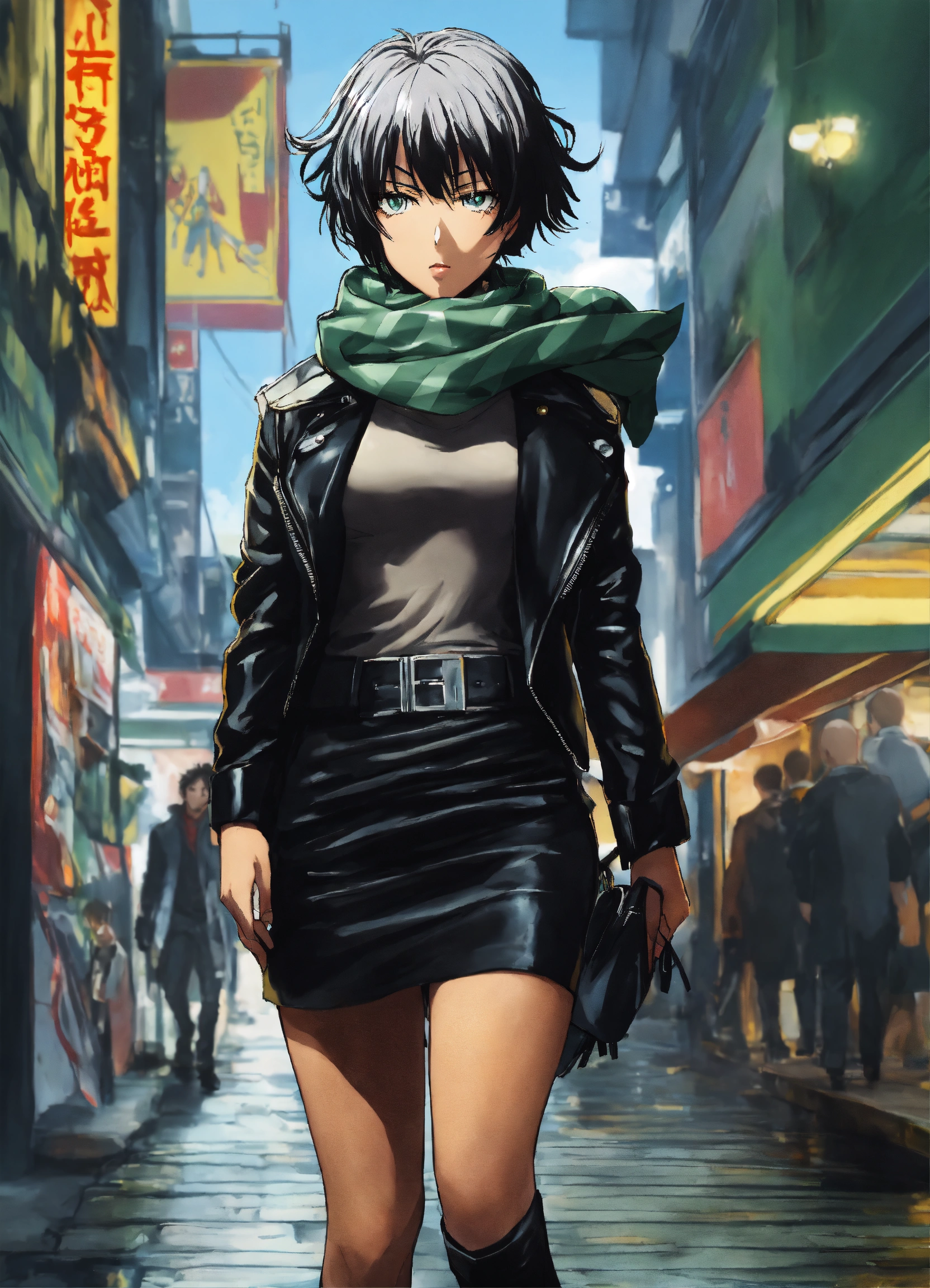 Lexica - Fubuki from one punch man, wearing a black leather jacket, scarf,  leather skirt, walking with Saitama