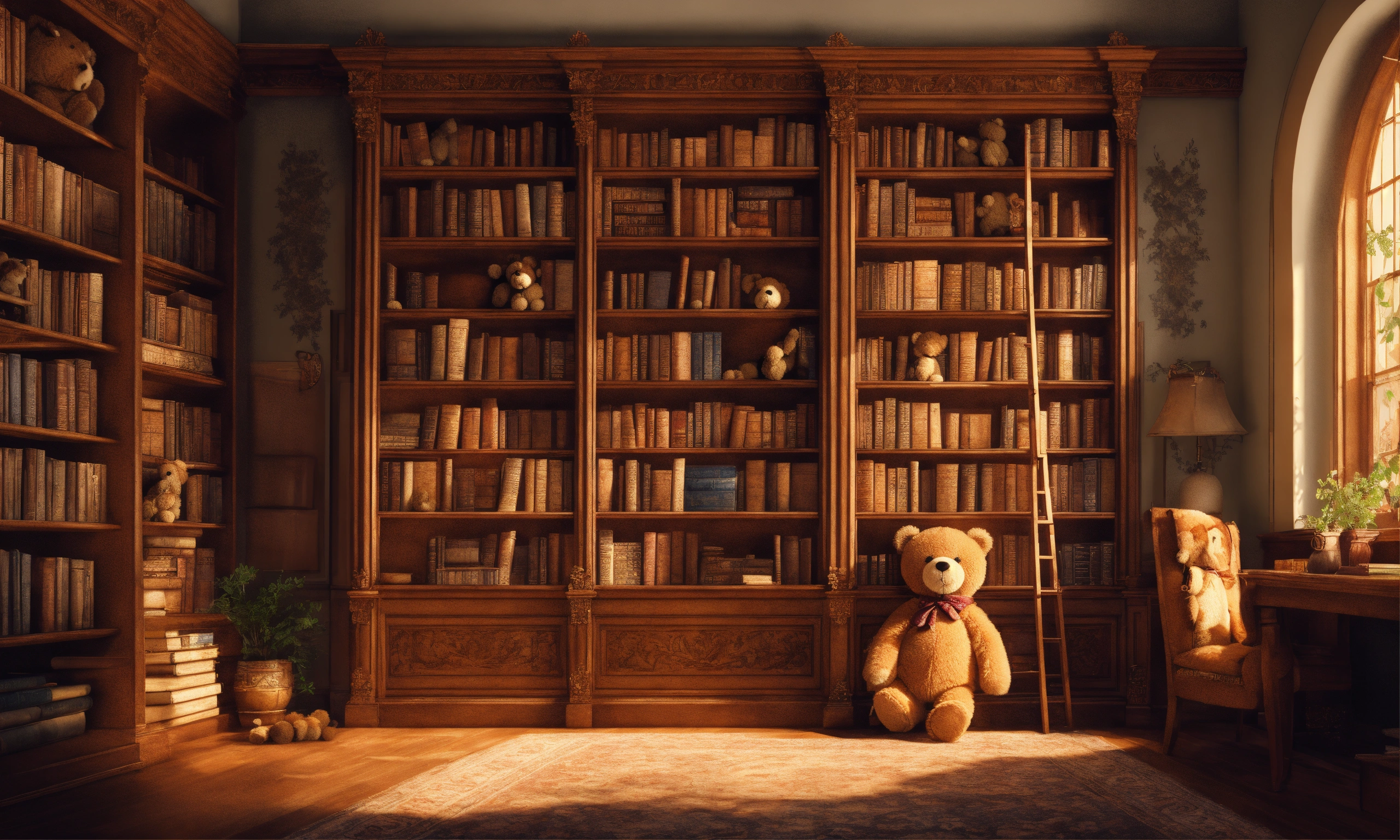 Lexica - Stunning illustration of a teddy bear climbing a bookcase ...