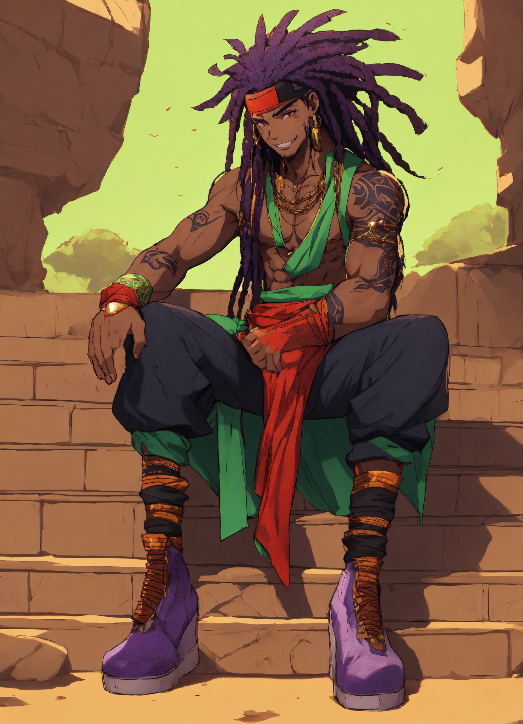 Lexica - African Naruto anime styled character, muscular physique, long purple  hair, which is styled in a wild dreads and untamed manner, red dragon ...