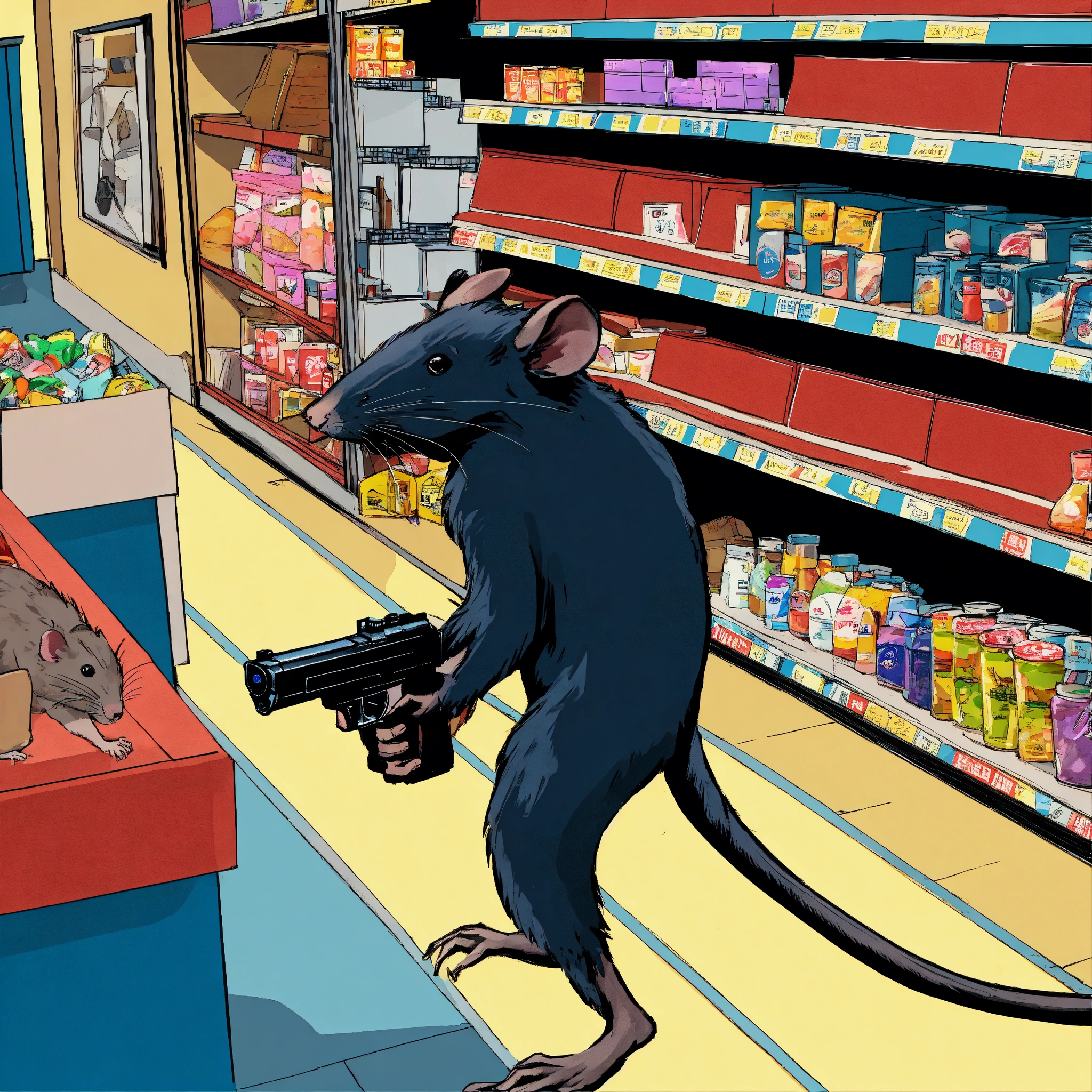 Lexica - Cctv recording of human like rat robbing store with a gun