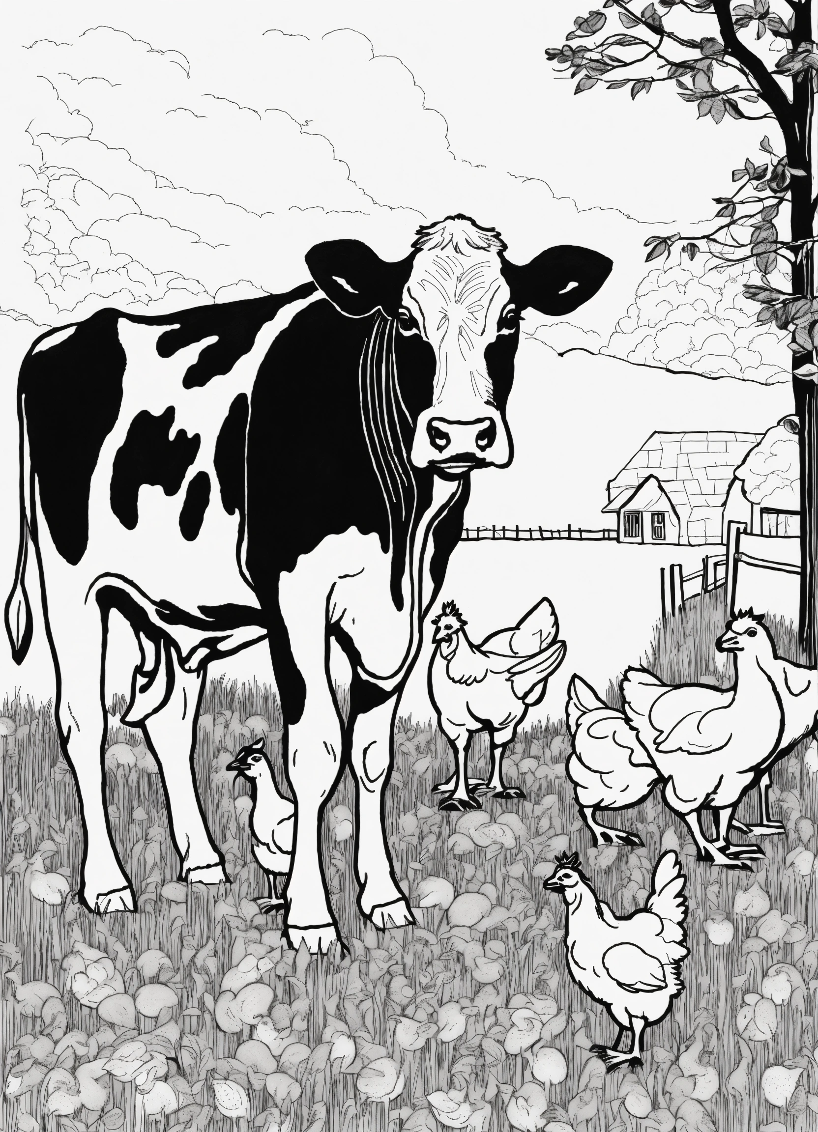 Lexica - Black and white bold line drawing, dairy cow with chickens ...