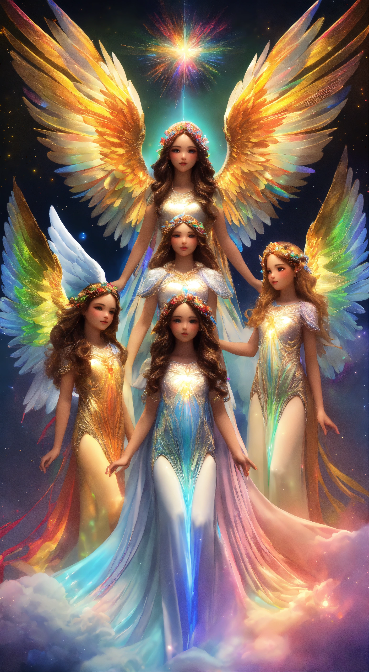 Lexica - 7 hyper-detailed holographic angels together with detailed and ...