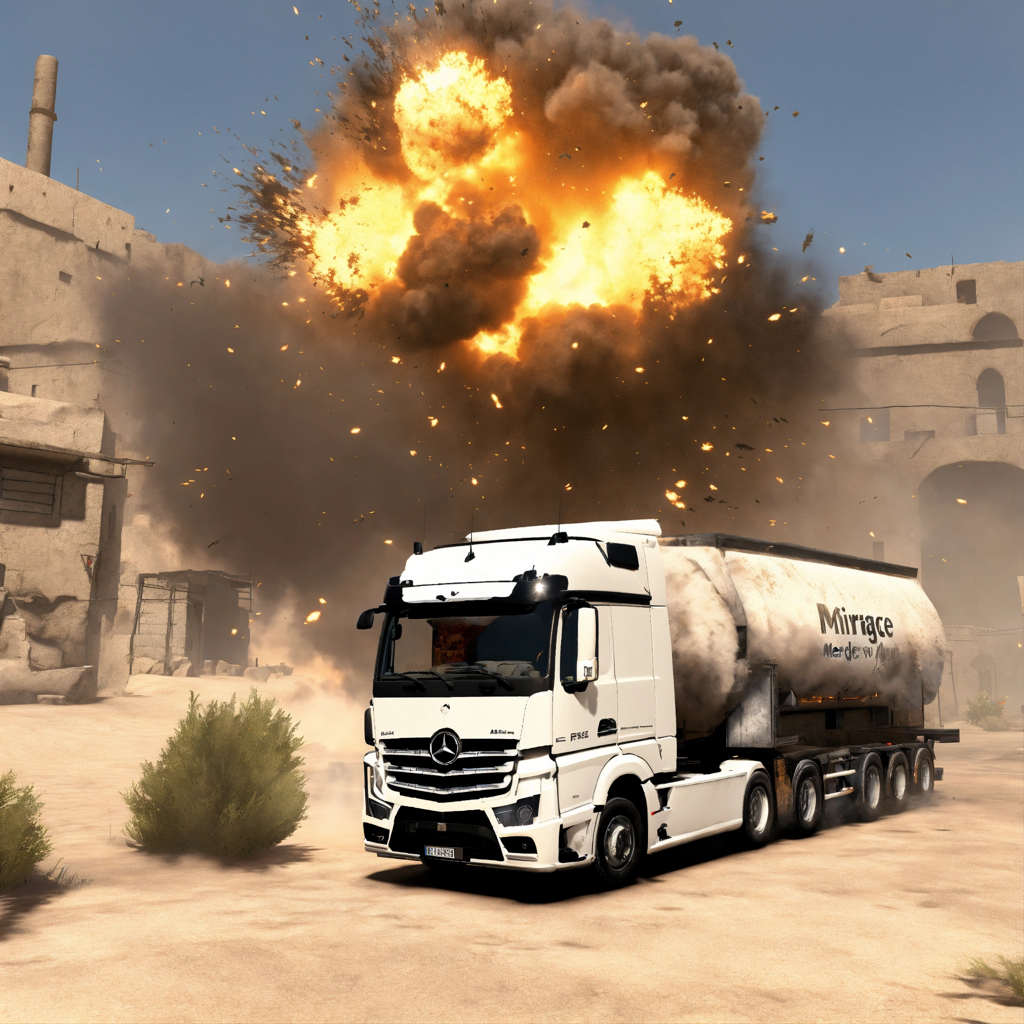 Lexica - A front view of a white Mercedes actros truck in the counter ...