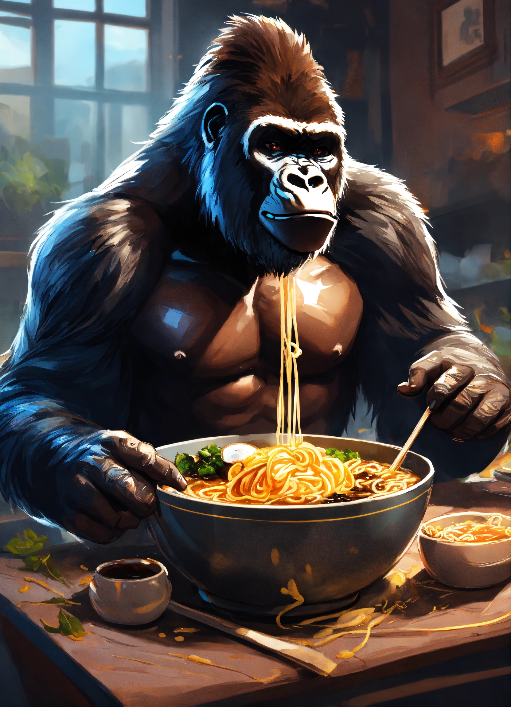 Lexica - GORILLA eating ramen, featuring smooth lines and sharp focus ...