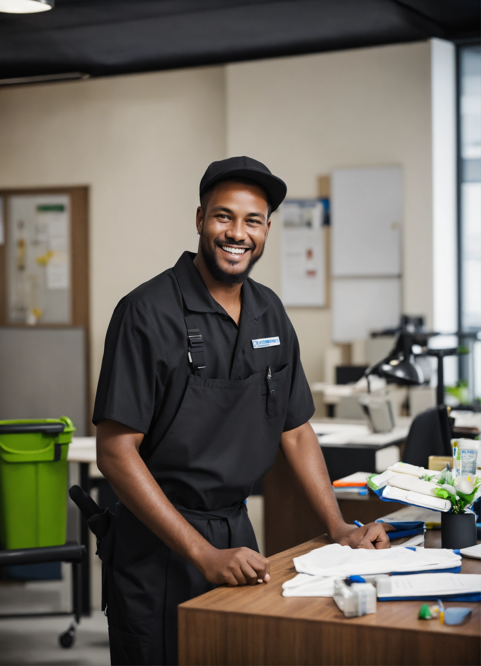 Lexica - A janitor man working in a office smilling wearing black cloths