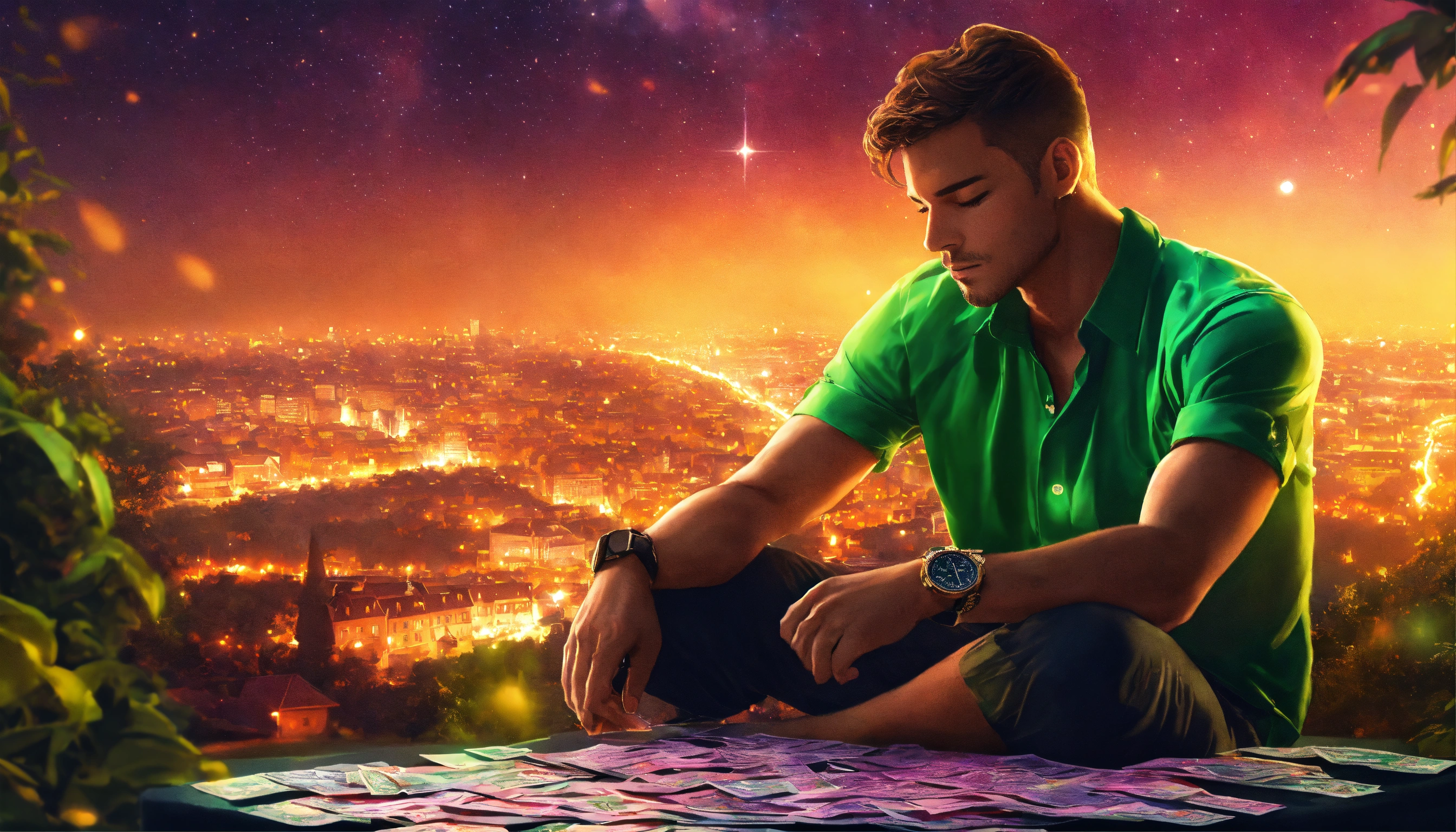 Lexica A well built handsome man, close up, bright green shirt, eyes