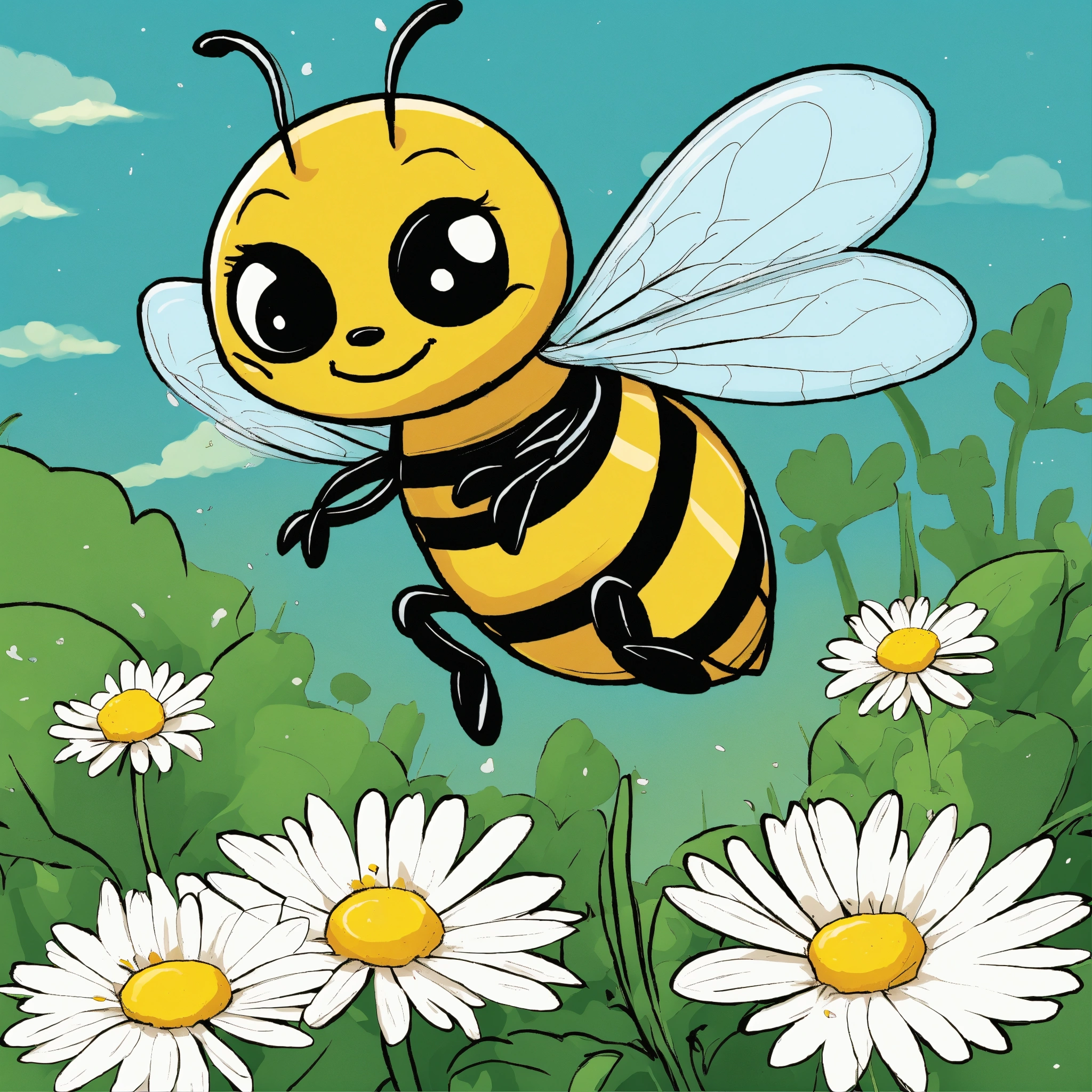 Lexica - Comic style cute, adorable bee flying over a daisy
