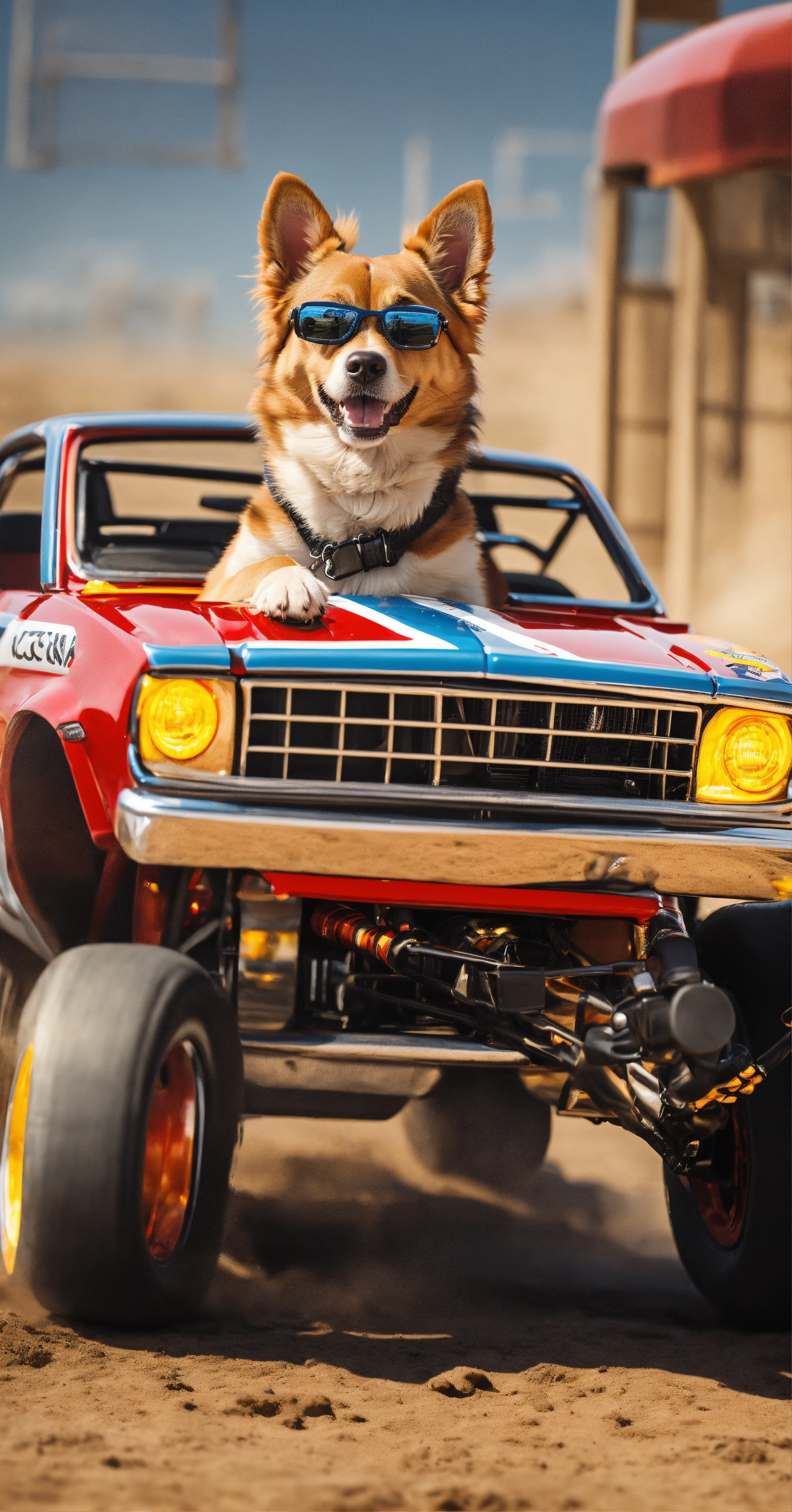 Lexica - Design a picture of a dog as a professional stunt driver ...