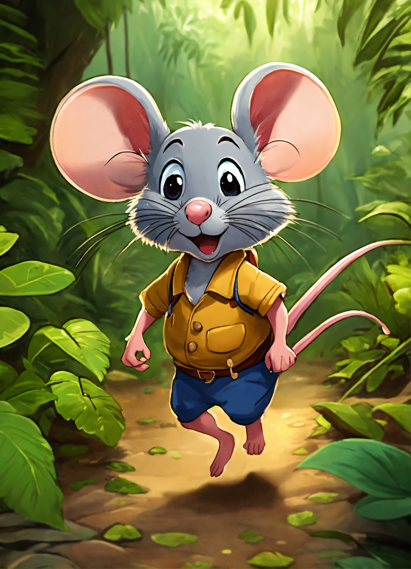 Lexica - Cartoon cute mouse walking in dense jungle