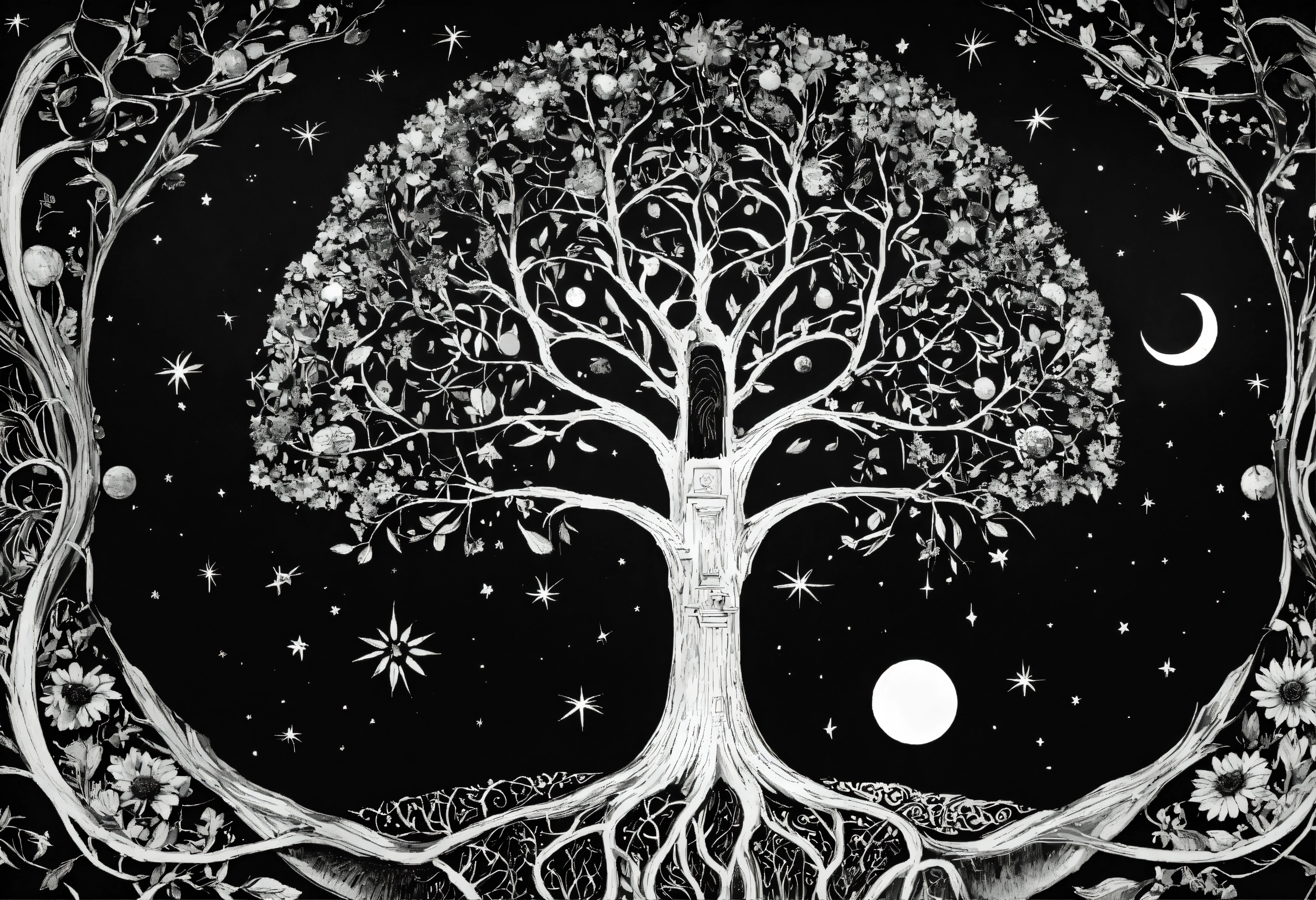 Lexica - Tree of life black and white no leaf with moon sun and stars