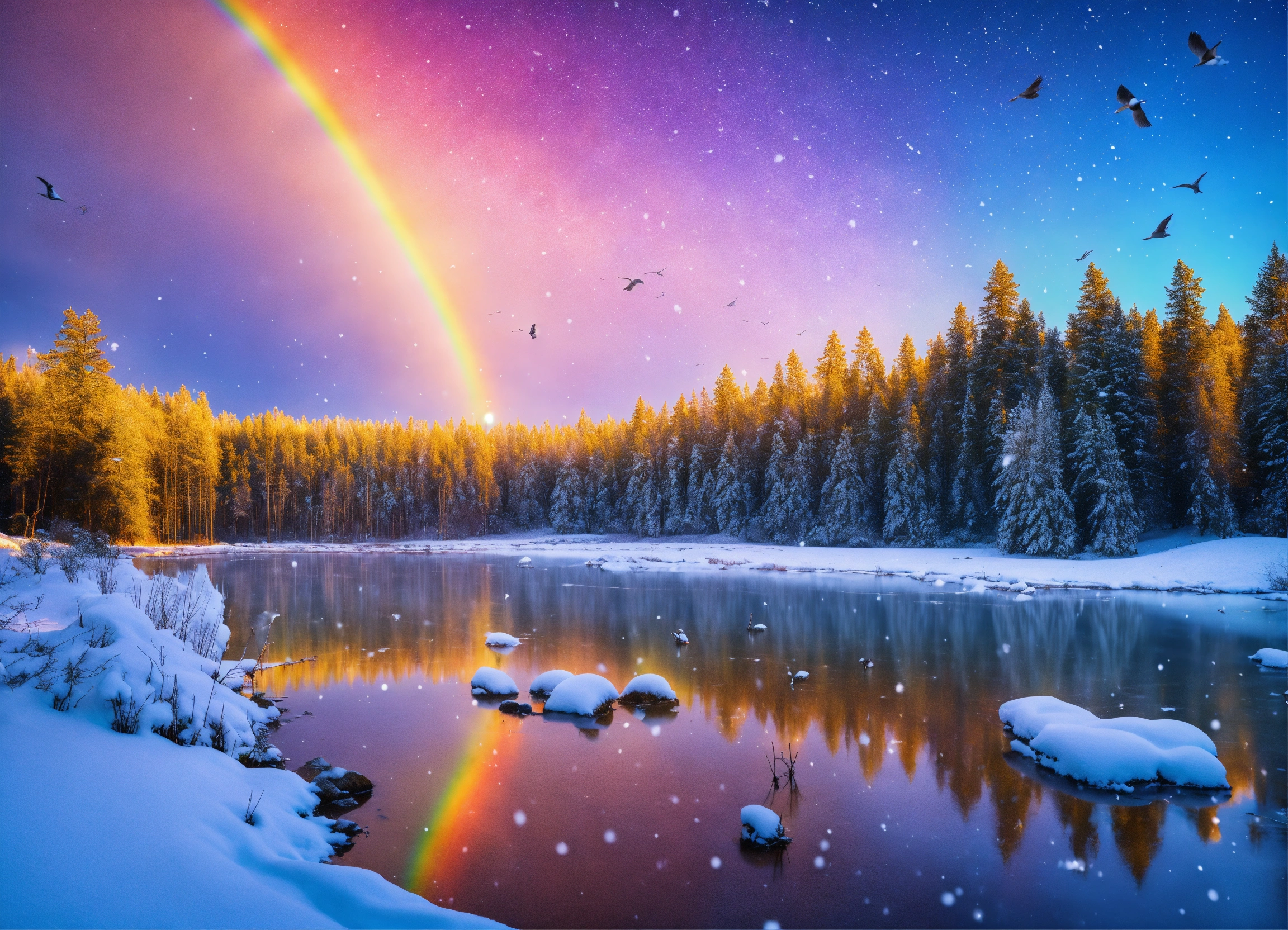 Lexica - Many snow trees with lake birds rainbow snowing galaxy stars 4k