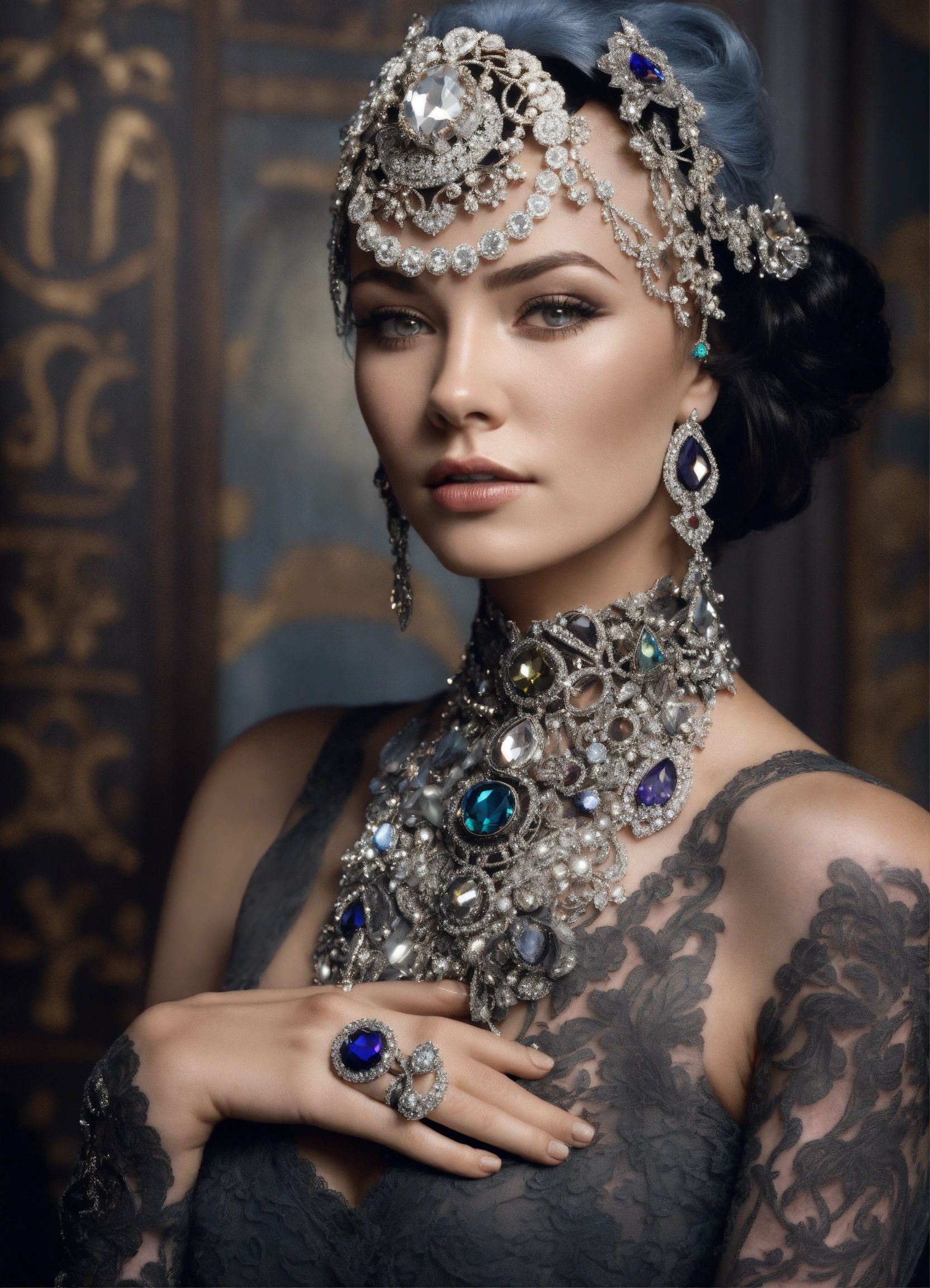 Lexica - A woman wearing luxurious detailed shades of silver and dark ...