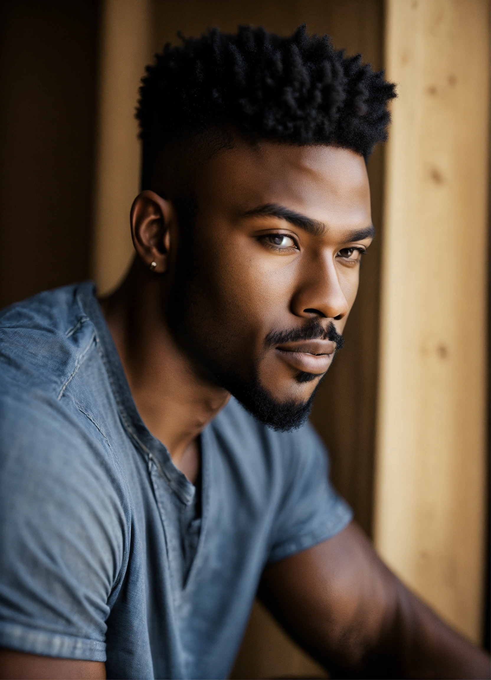 Lexica - Handsome black male, dark skin, goatee, portrait, jeans and tee,