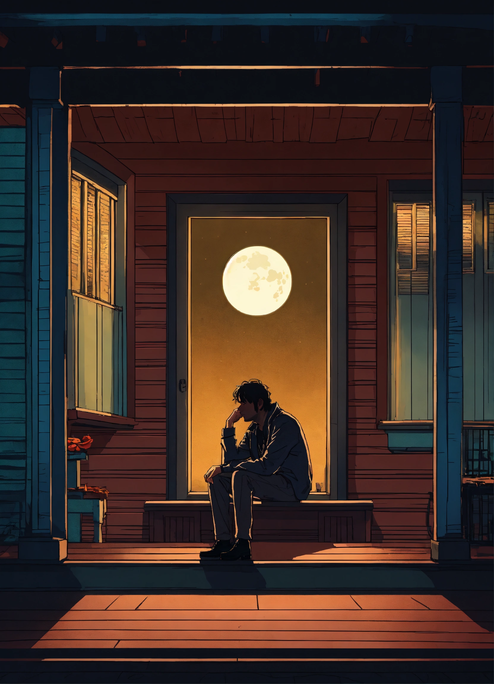 Lexica - Sad lonely man on Porch with half full moon