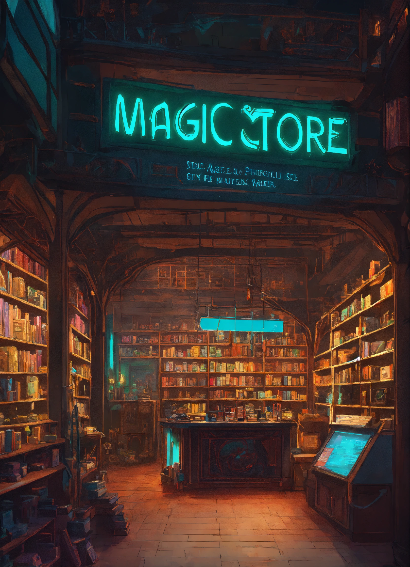 Lexica - Magic store in cyberpunk style with a library and displays ...