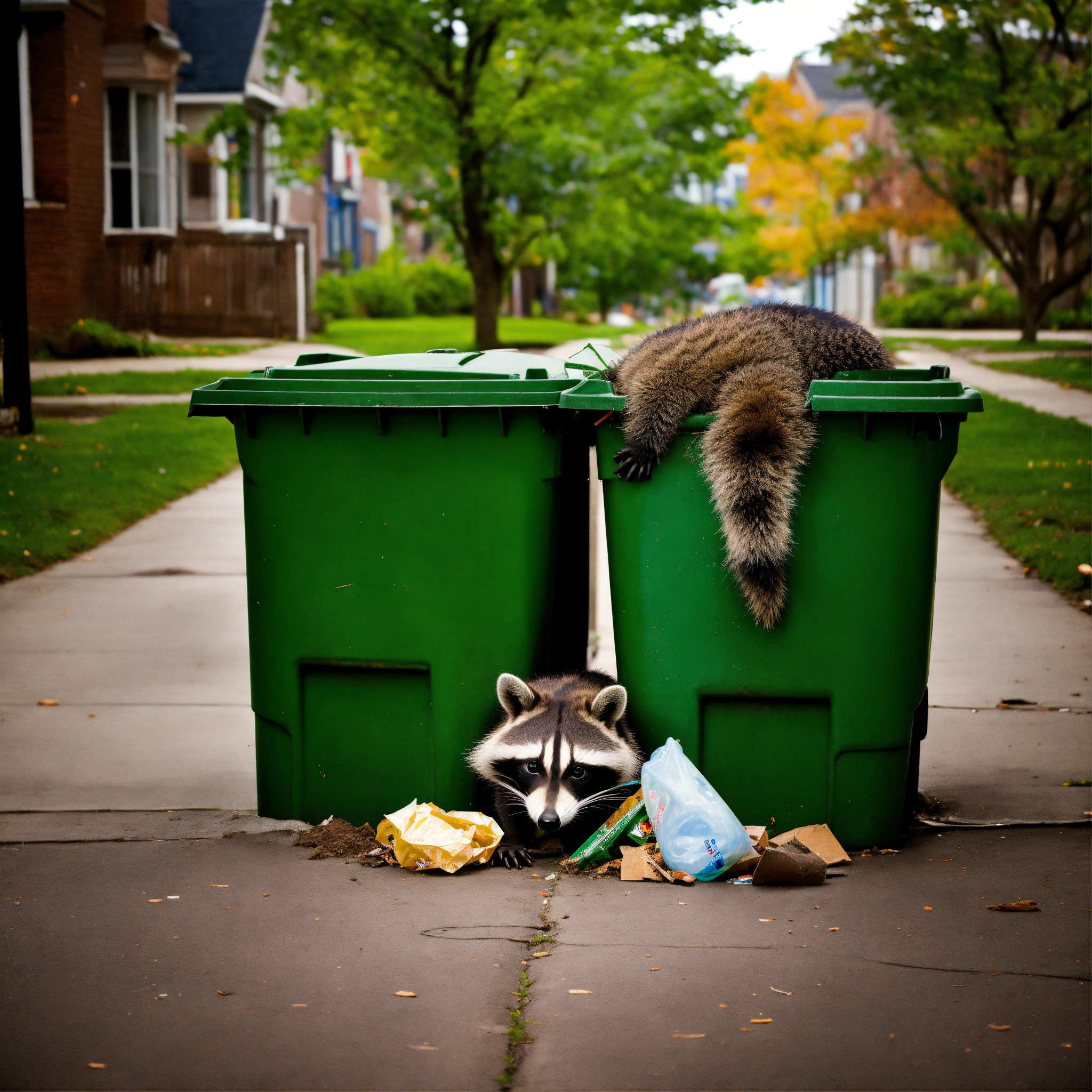 Lexica A photograph of a raccoon digging through recycling bins, surreal