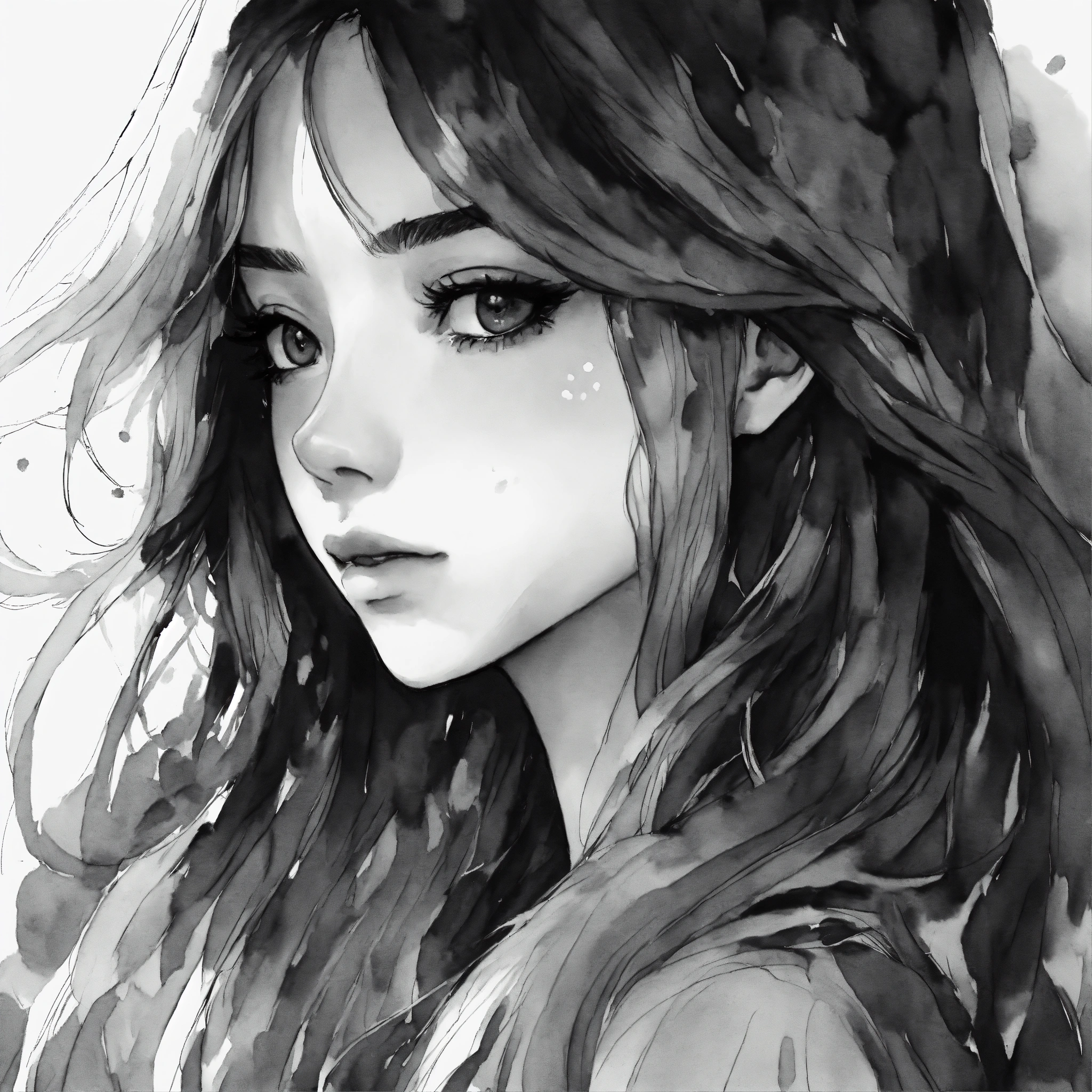 Lexica - A black and white picture of an anime girl in long hair, in ...