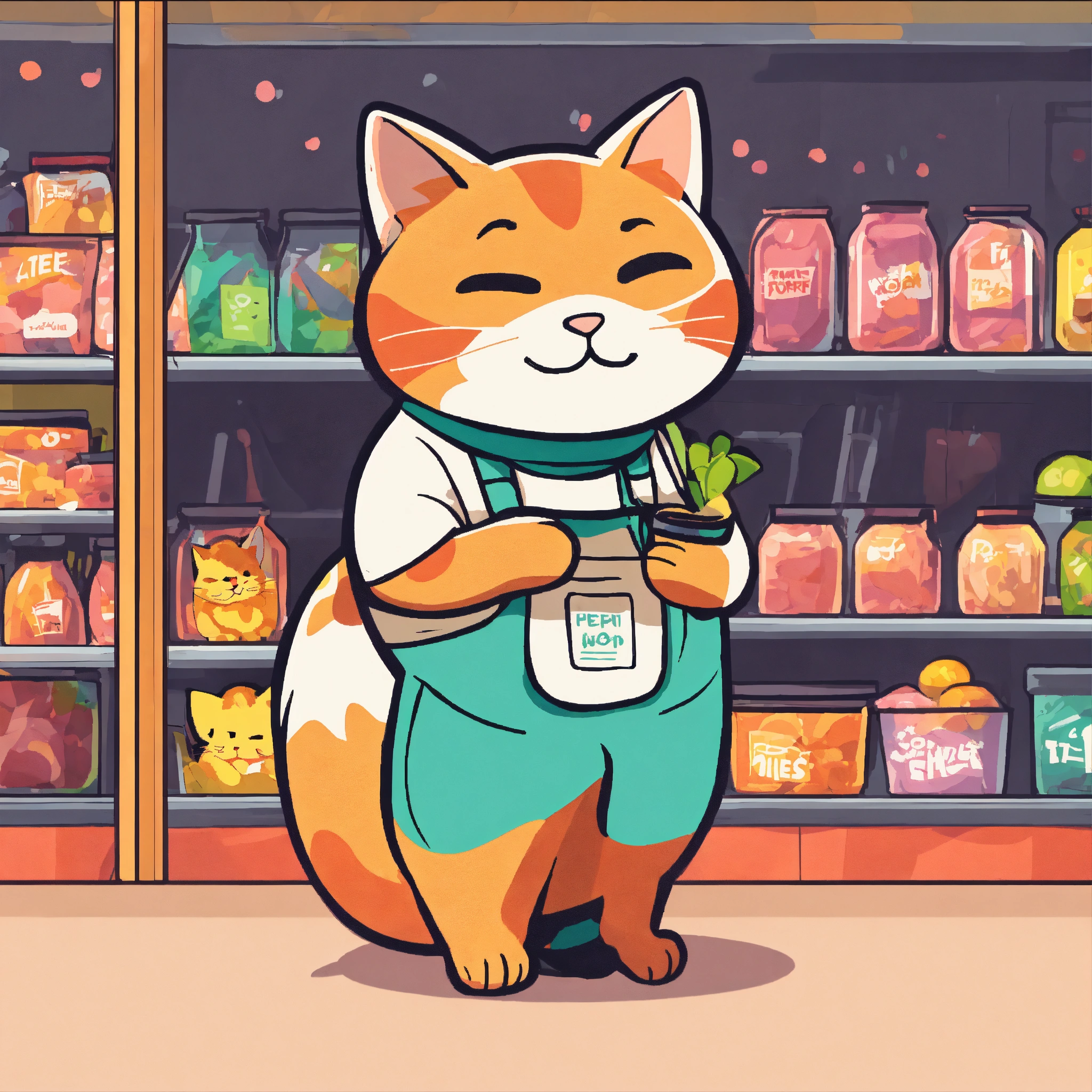 Lexica Cat pet shop worker, cheerful, friendly, bright, simple
