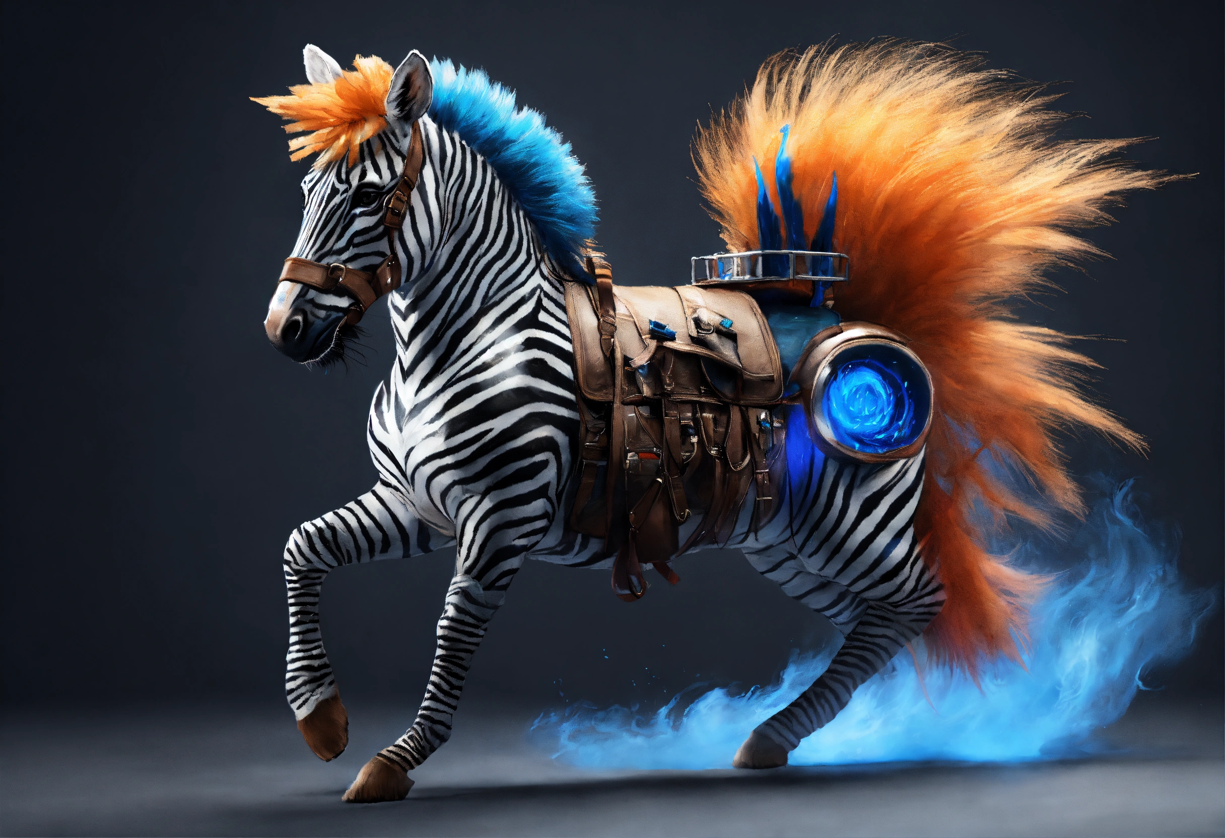 Lexica - Zebra with riding gear, with a mane and tail of blue flame