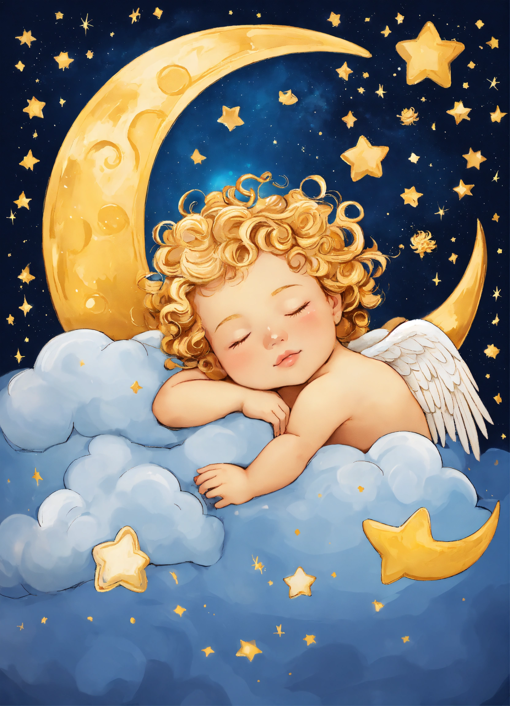 Lexica - A little angel baby with golden curls sleeping on a cloud, stars  and moon in the background