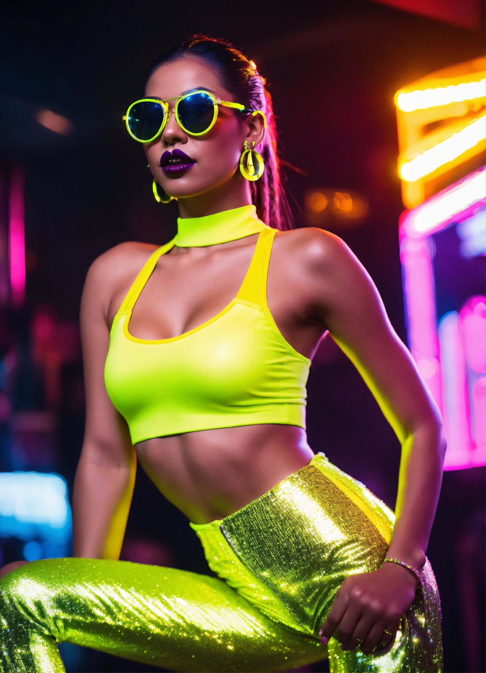 Lexica - Petite latina woman with long high ponytail wearing aviator  sunglasses and futuristic style sparkly yellow neon sleeveless bra with  sparkly ...