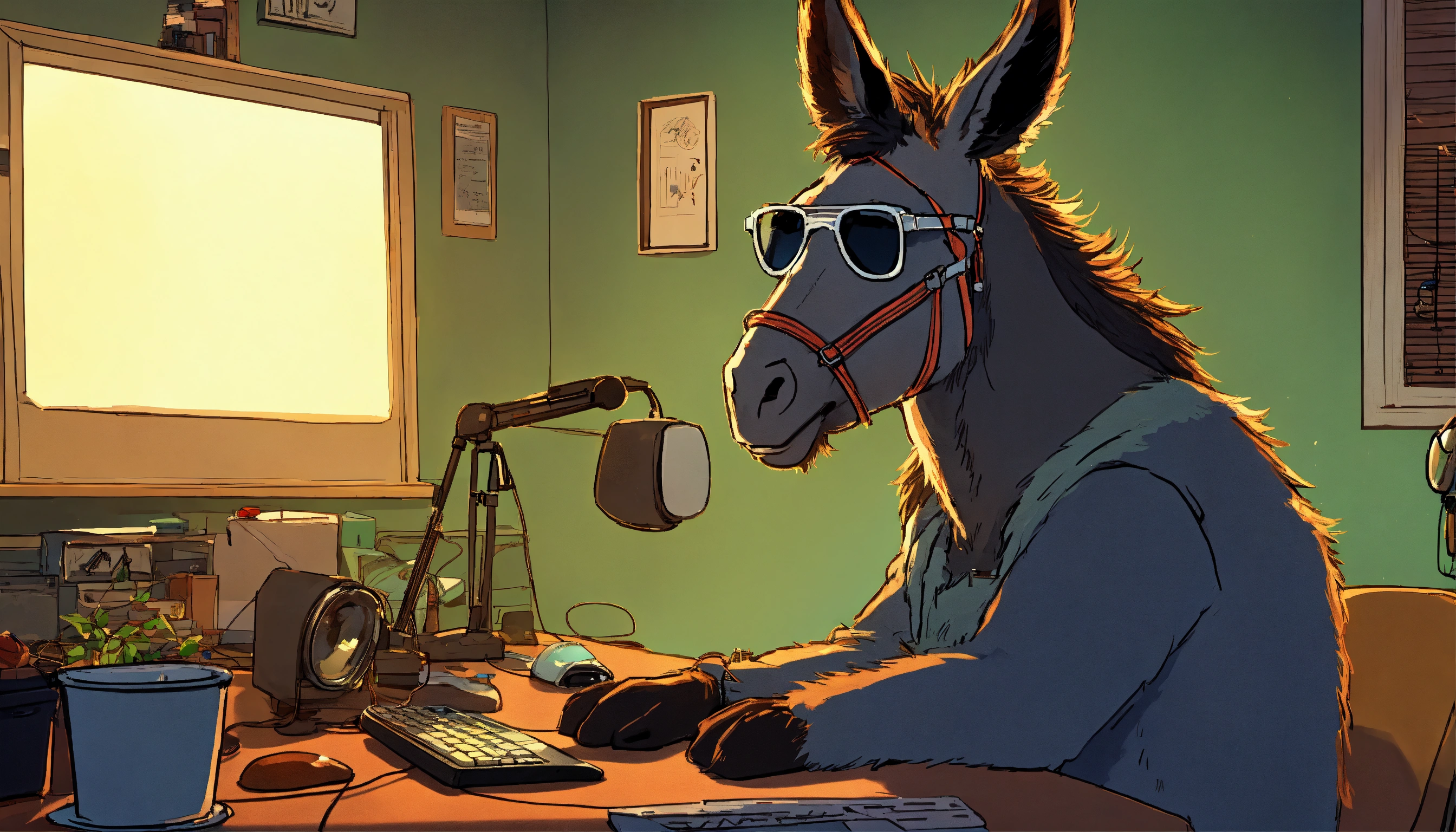 Lexica - A donkey with sunglasses black in the neck, sitting at a desk ...