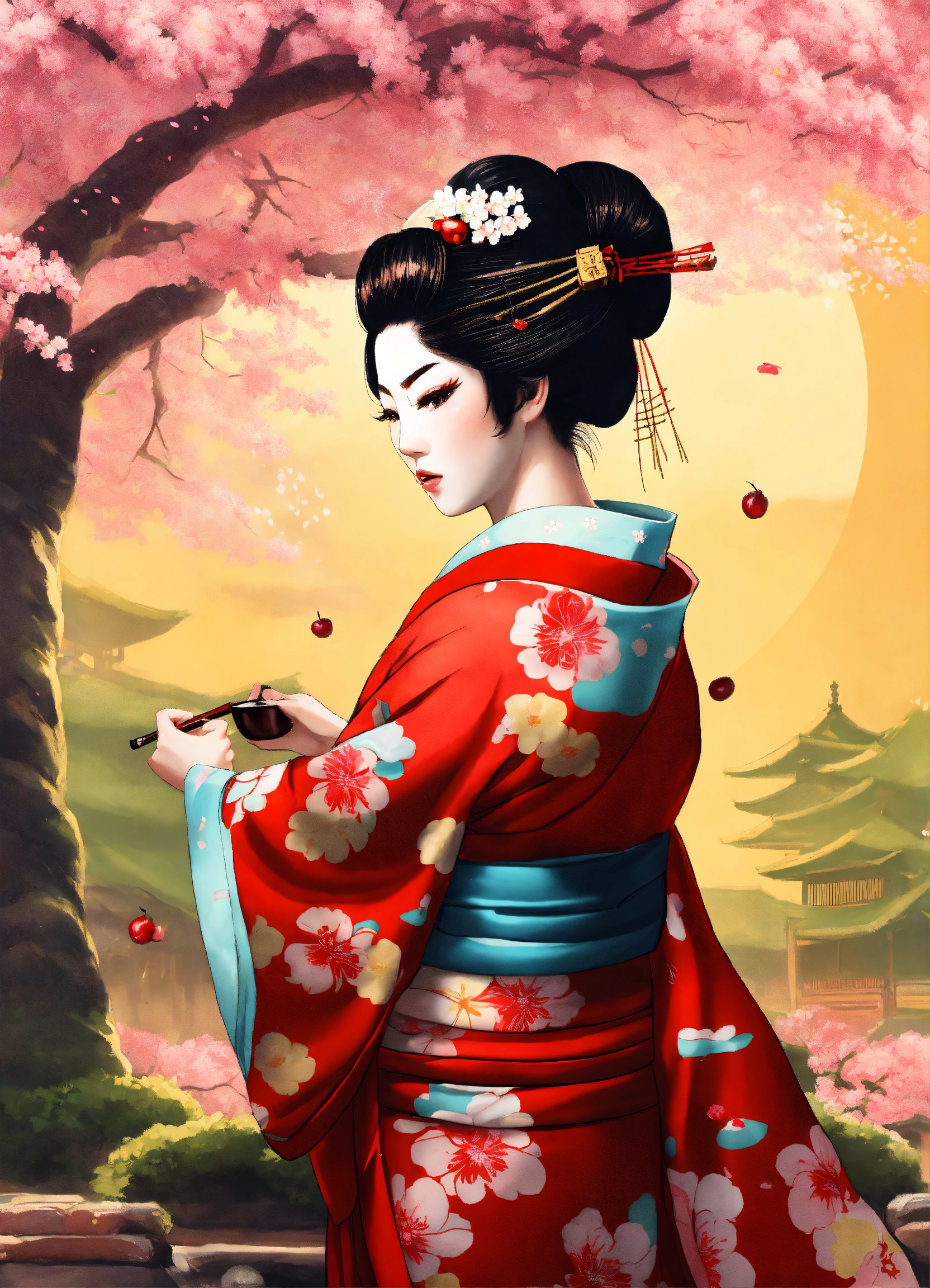 Lexica A Geisha Fiercely Fighting With Her Maiko In A Cherry Blossom