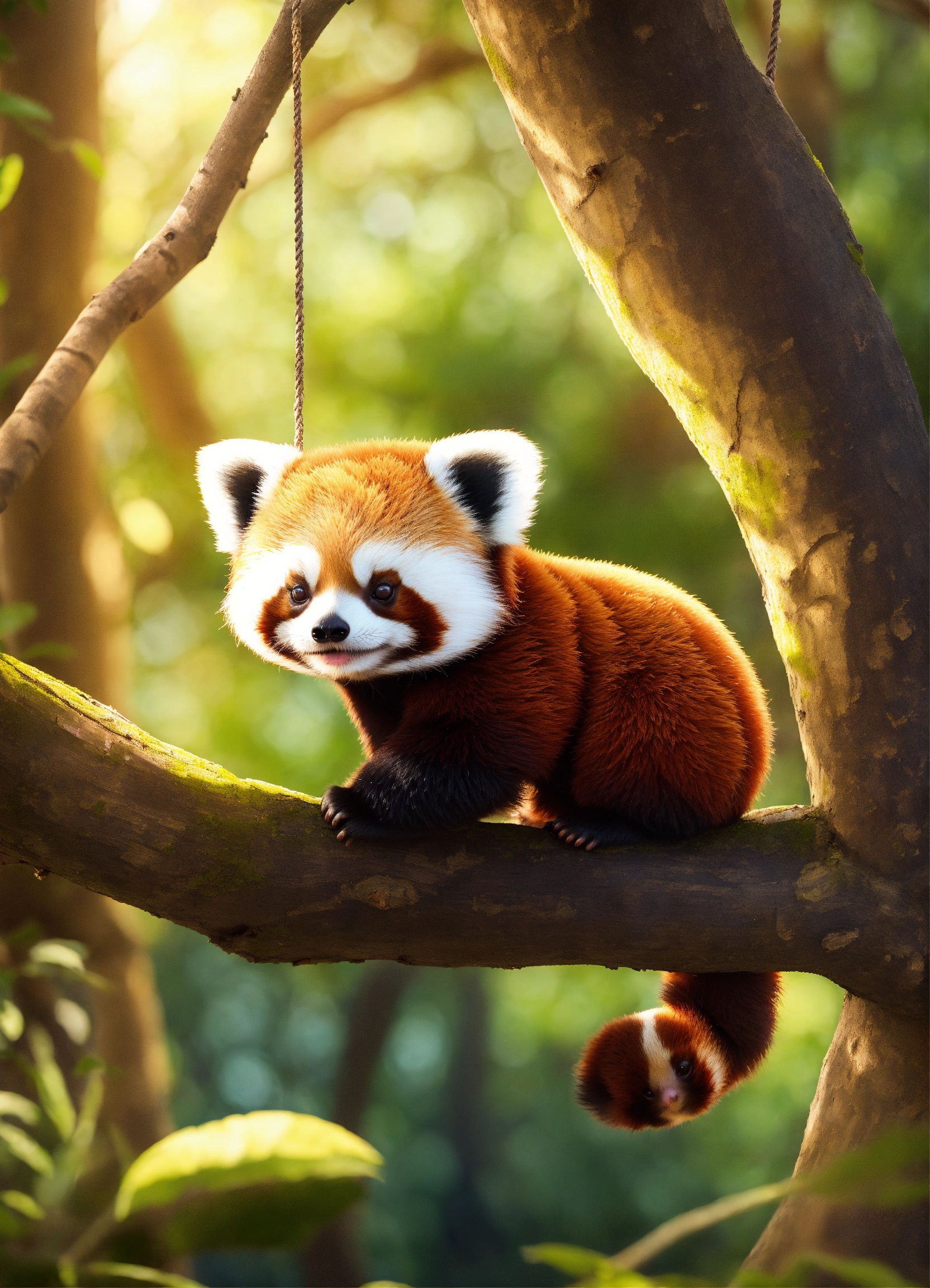 Lexica - A cute baby red panda sloth with big eyes hanging from a tree ...