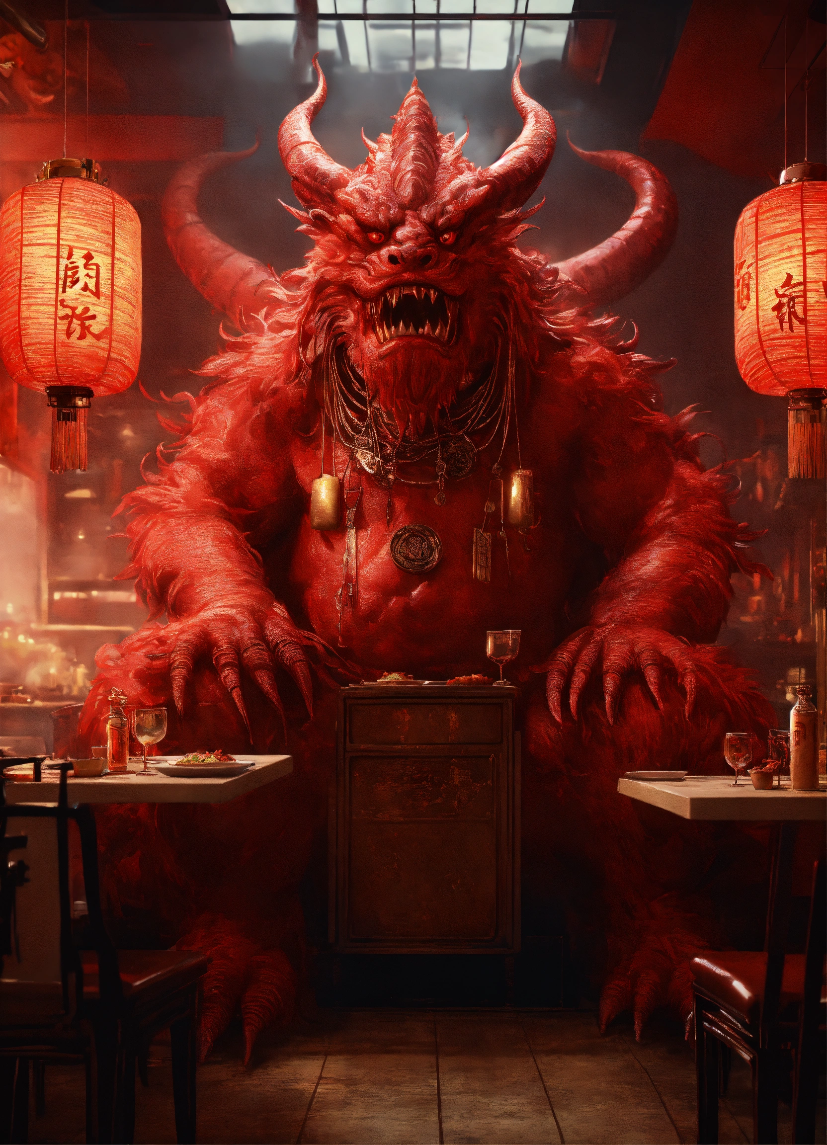 Lexica - A huge red chinese monster is sitting in front of a kitchen ...