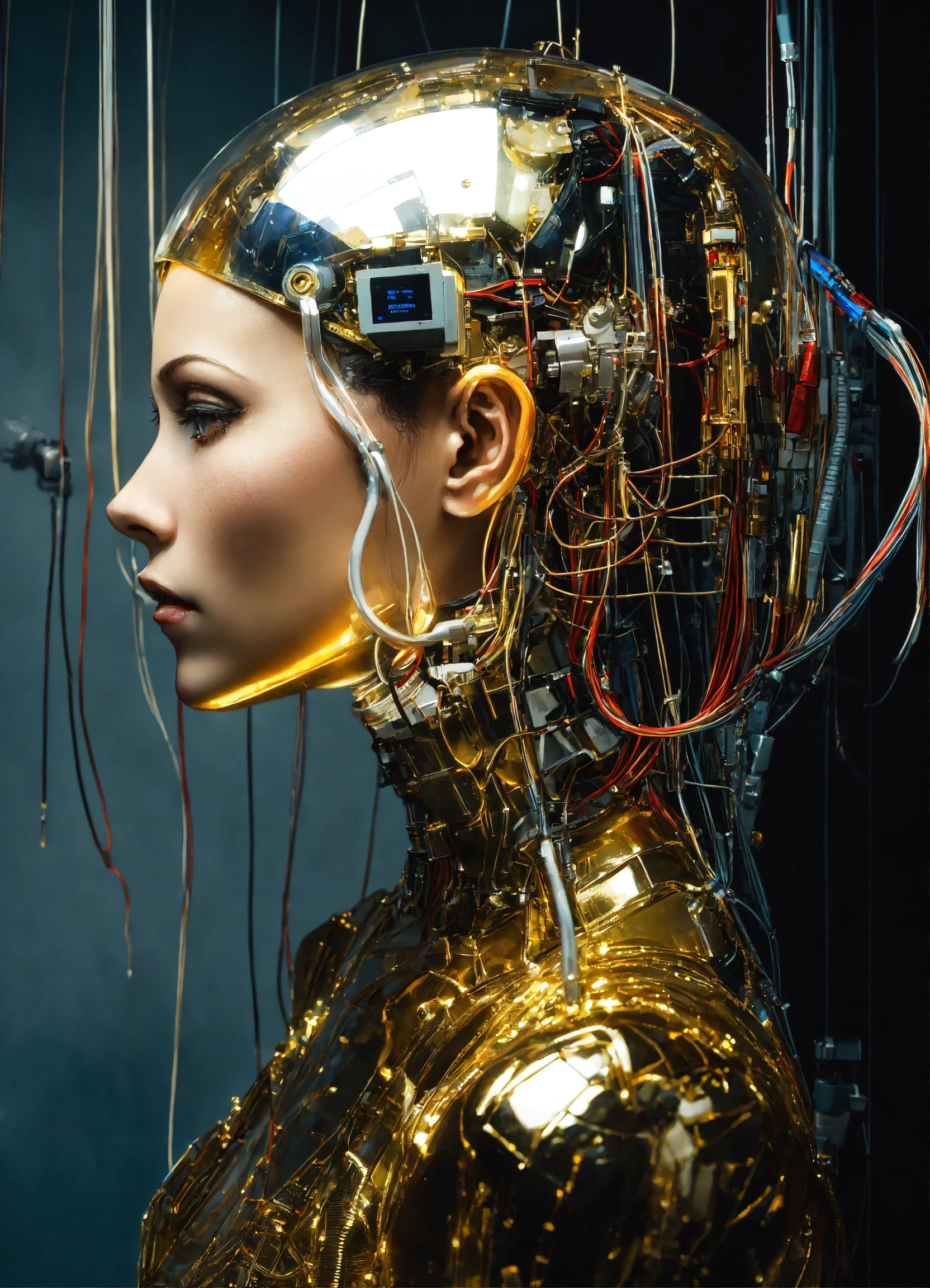 Lexica - Profile Photography, in front of a black wall, a cyborg woman ...