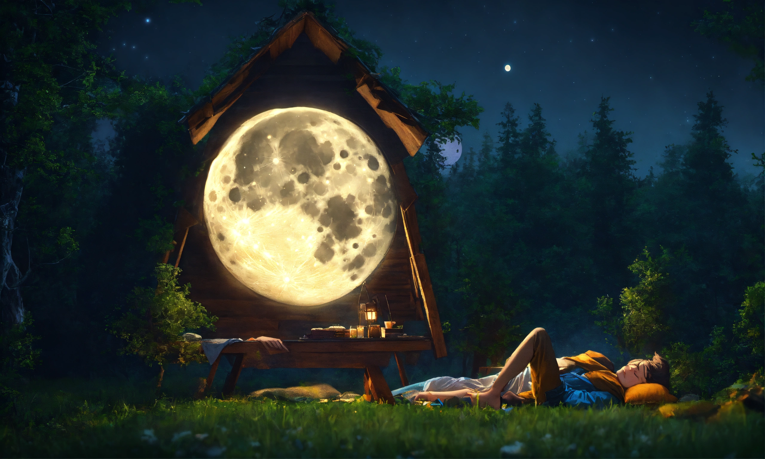 Lexica - Cute man sleep and dream under moon at night in the forest, 8k