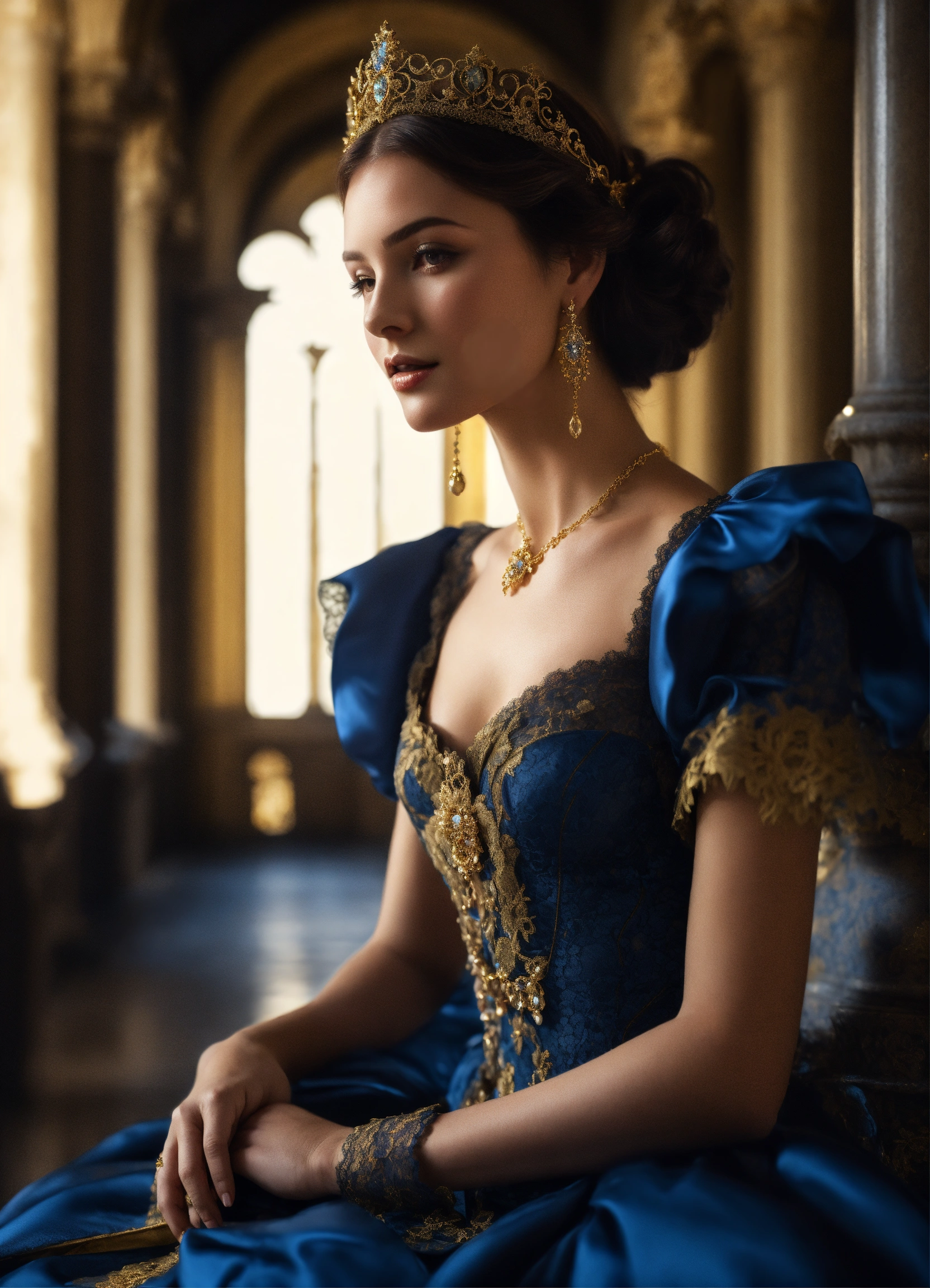Lexica - Closeup Photorealistic woman in Renaissance blue-and-gold gown ...