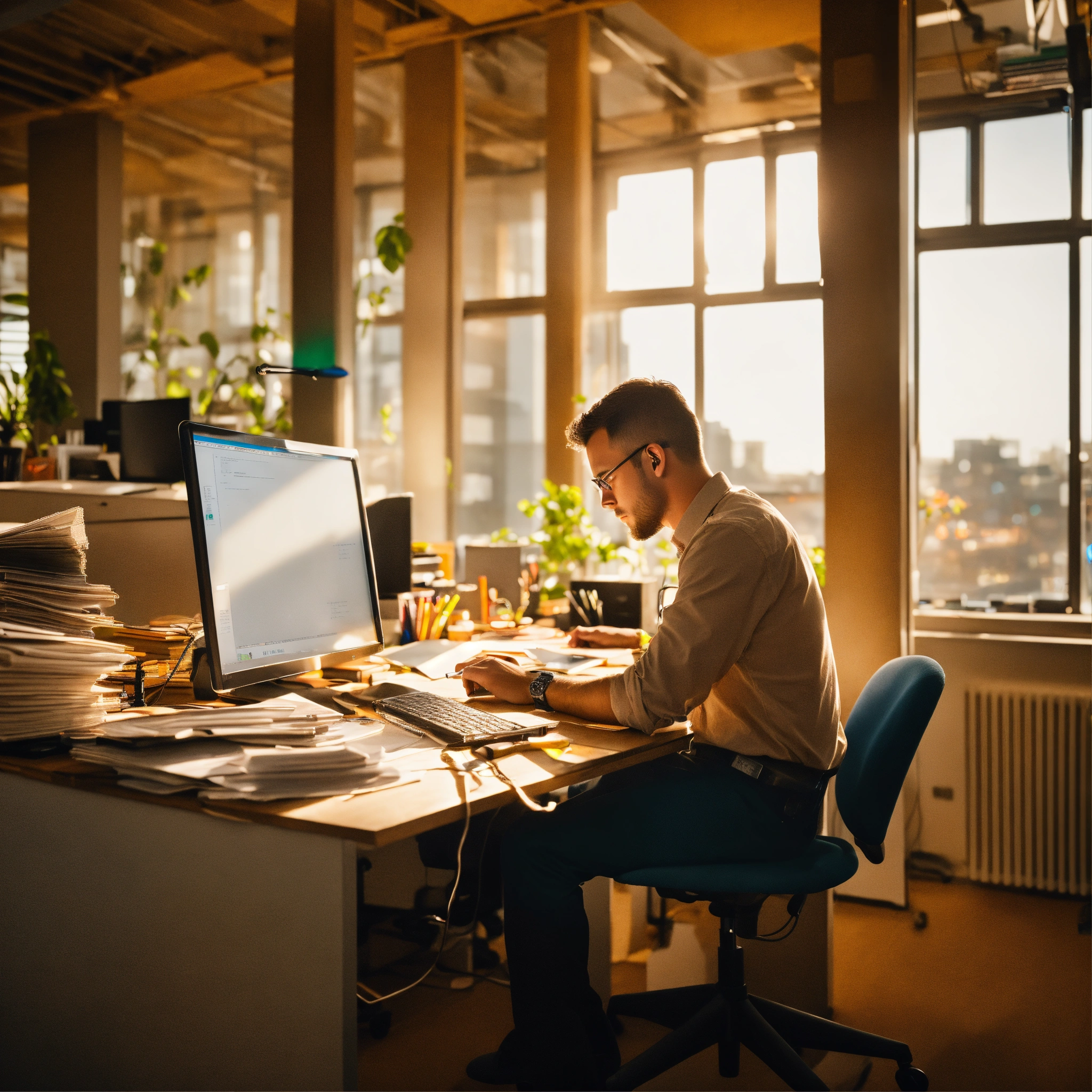 Lexica - A photo of a man working on his computer. He is sitting at a ...