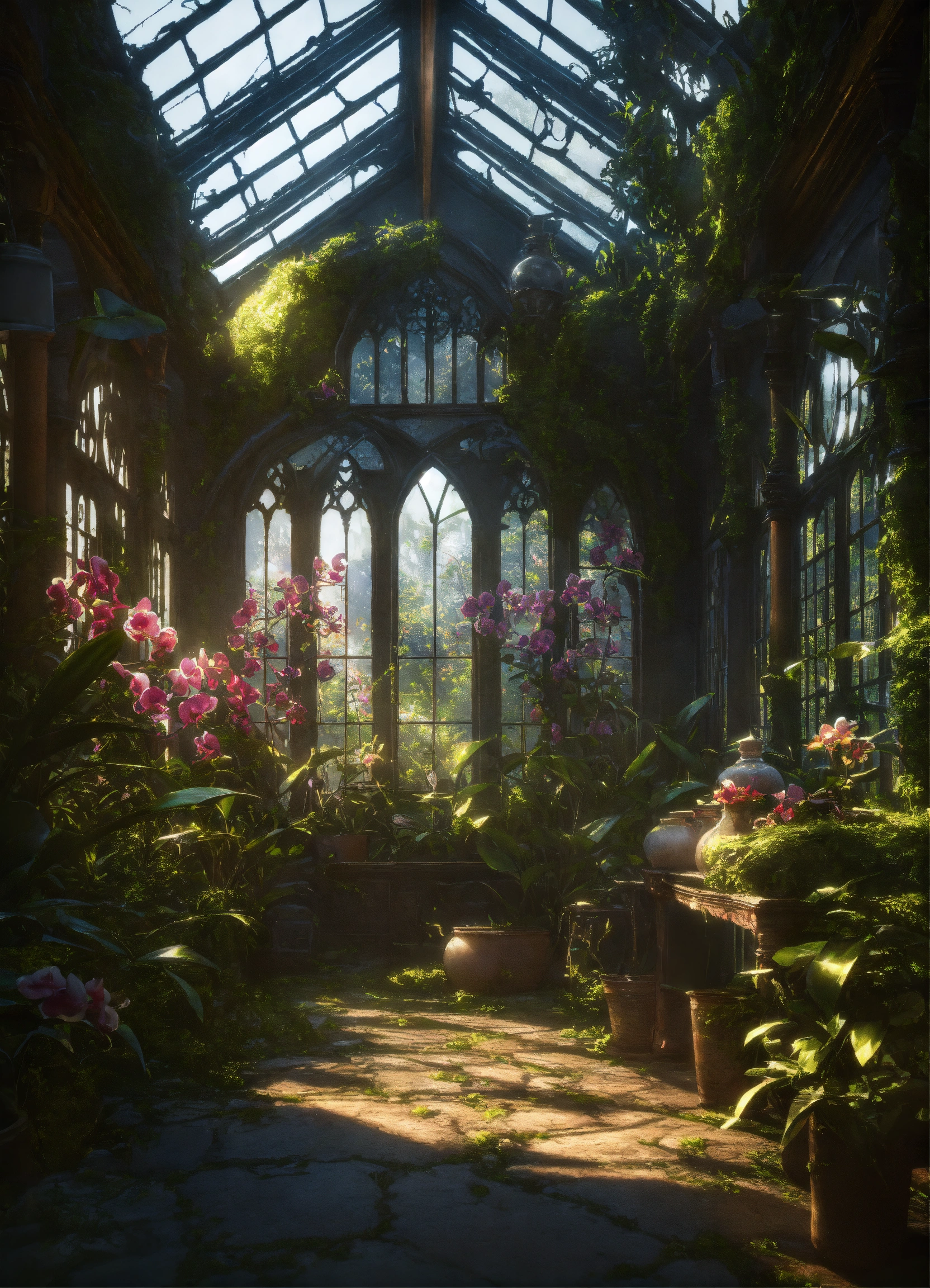 Lexica - Interior an old greenhouse overgrown with orchids, gothic ...