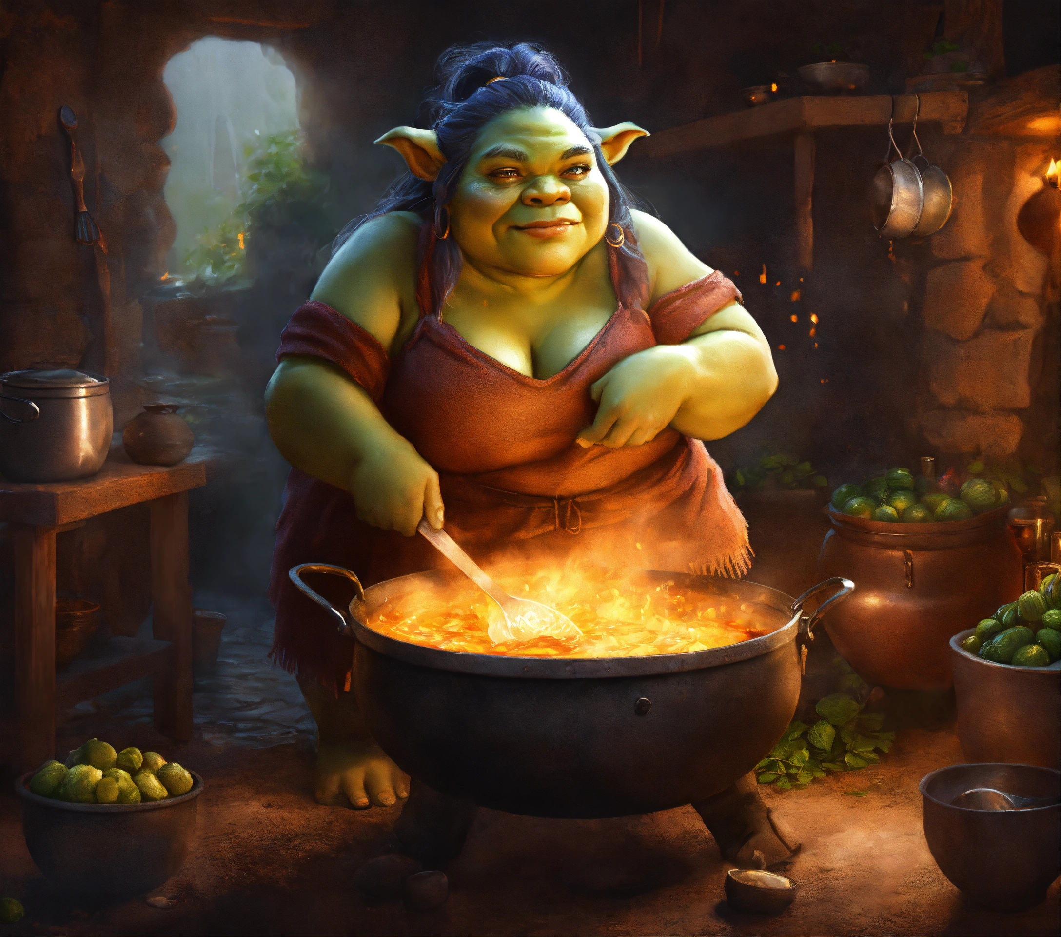 Lexica - Ogre female cooking in a cauldron, digital painting ...