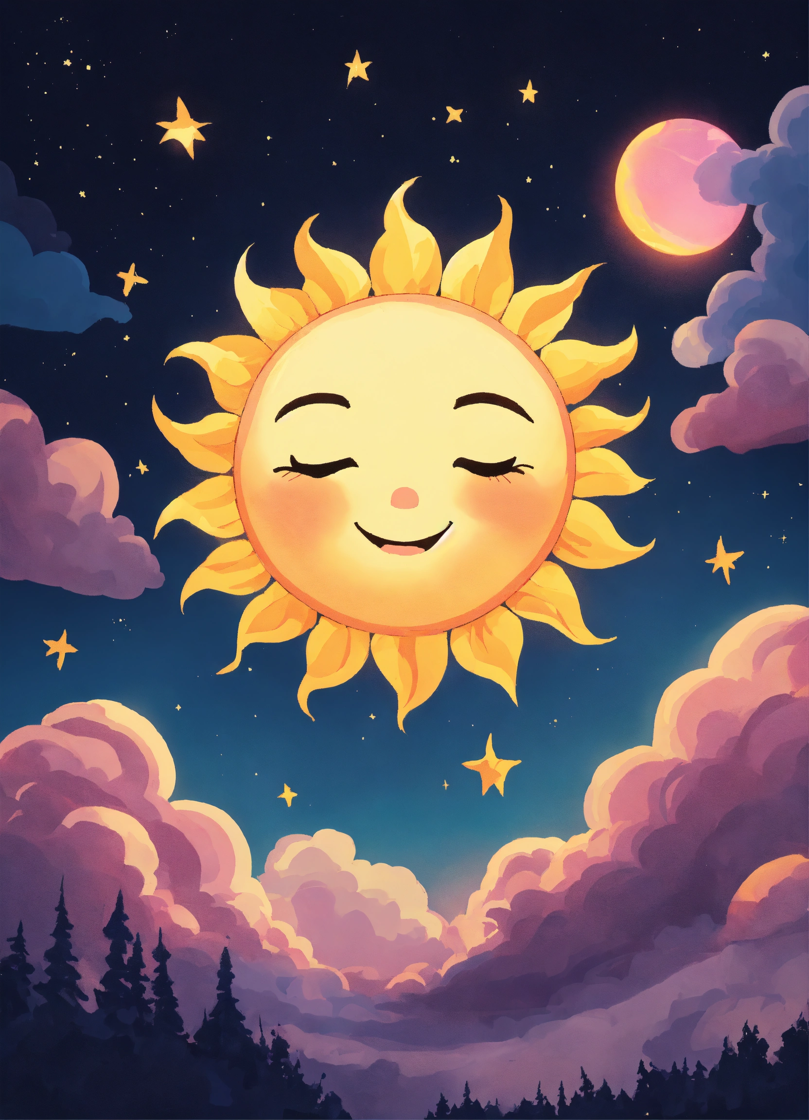 Lexica - An image of cute Sun shining in the night sky, looking into ...