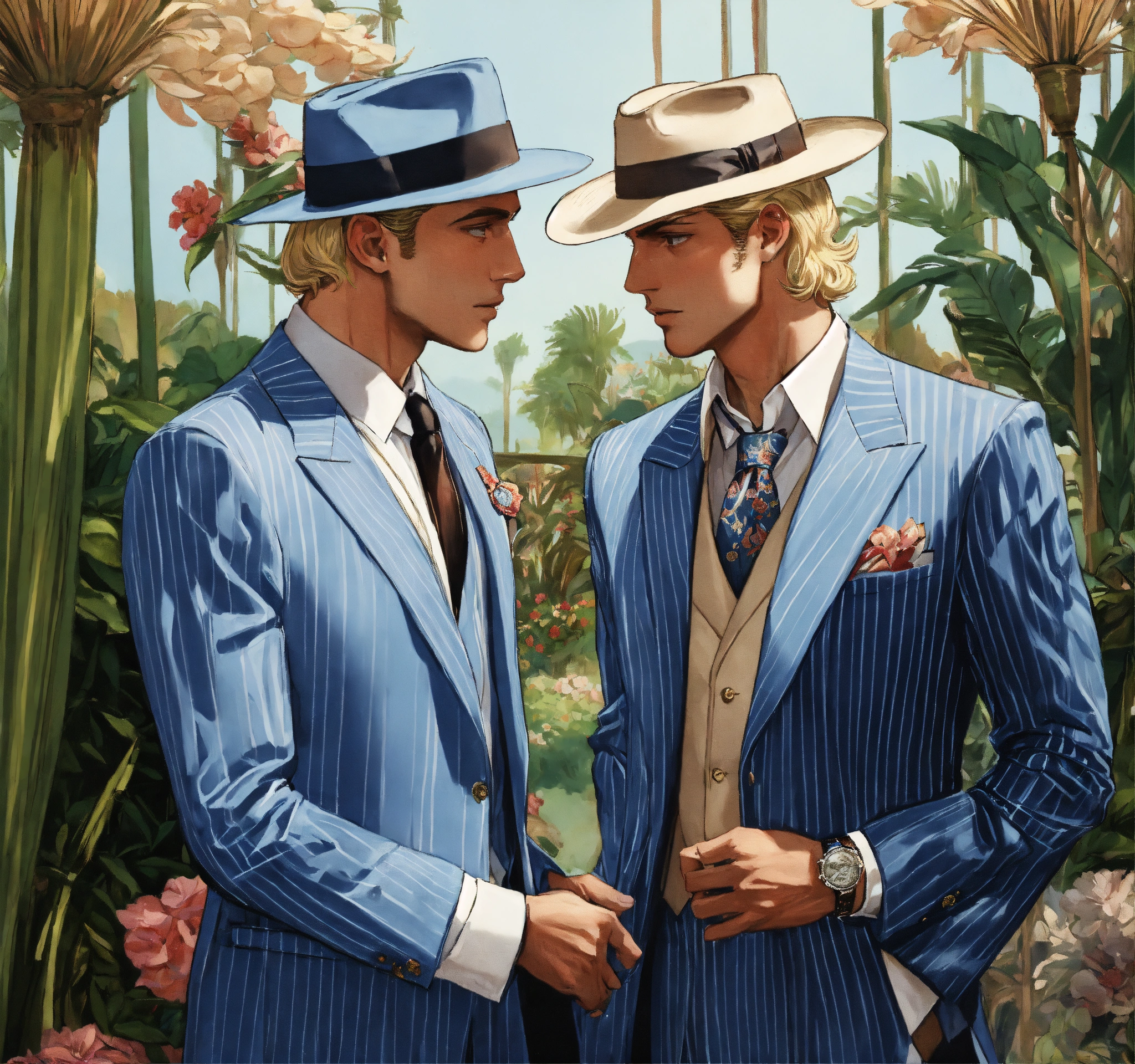 Lexica Two blonde male mafiosi in pale blue pinstripe suit