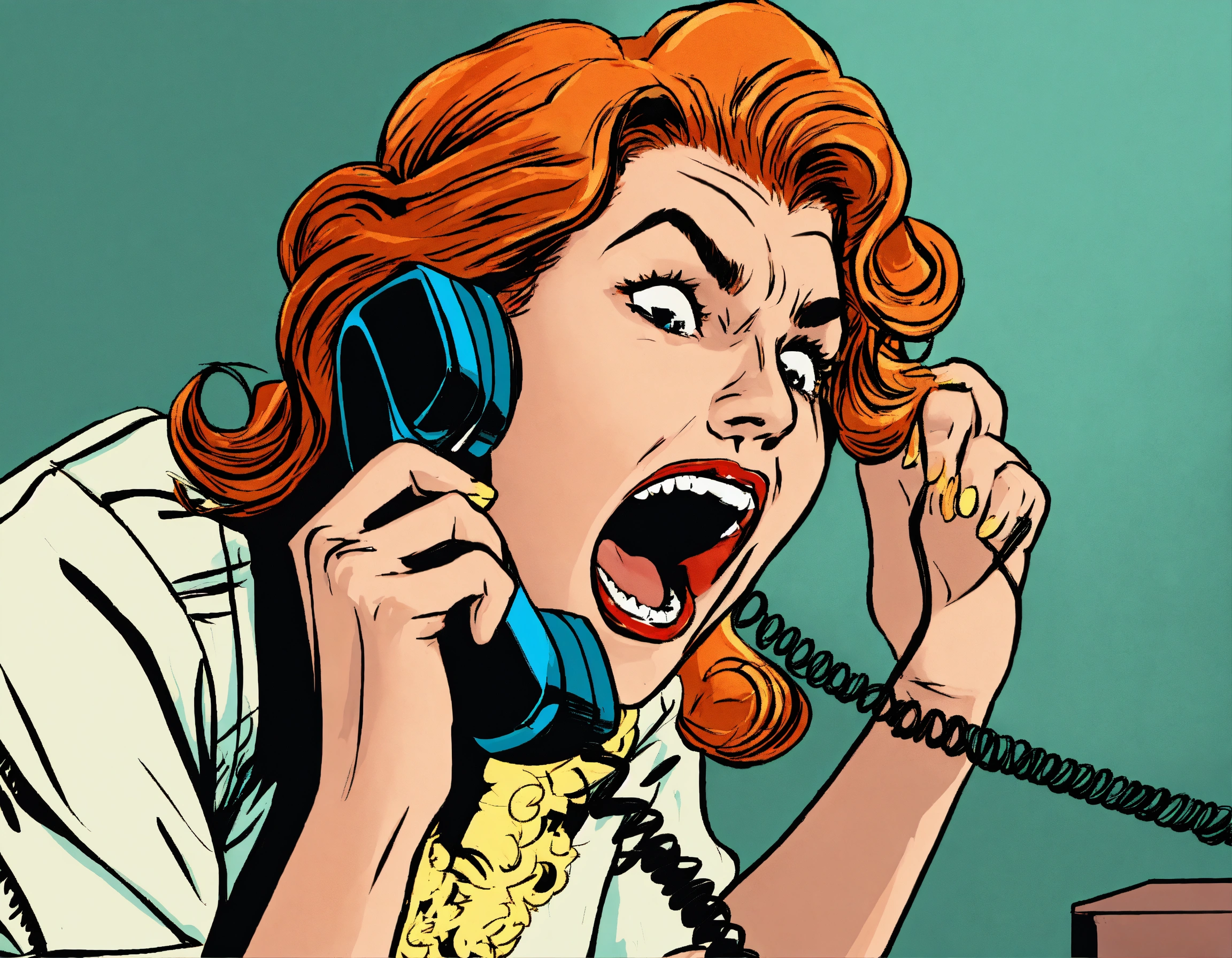 Lexica - Close up. A woman is yelling into a telephone. she is nervous ...