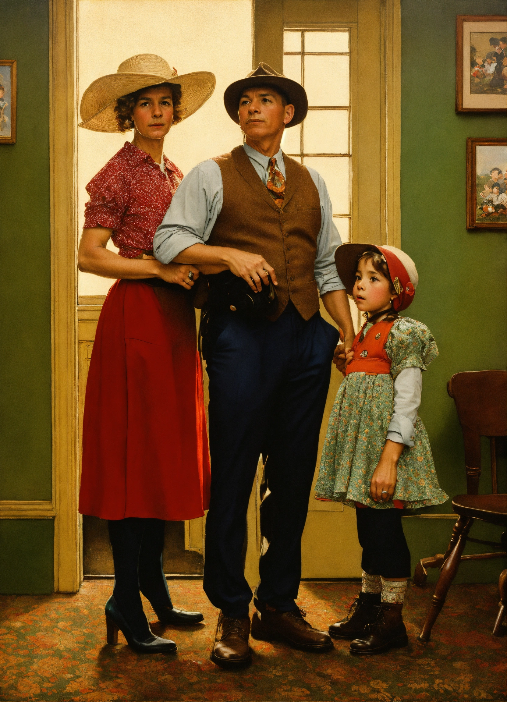 Lexica - In style of norman rockwell a picture of a man, two women and ...
