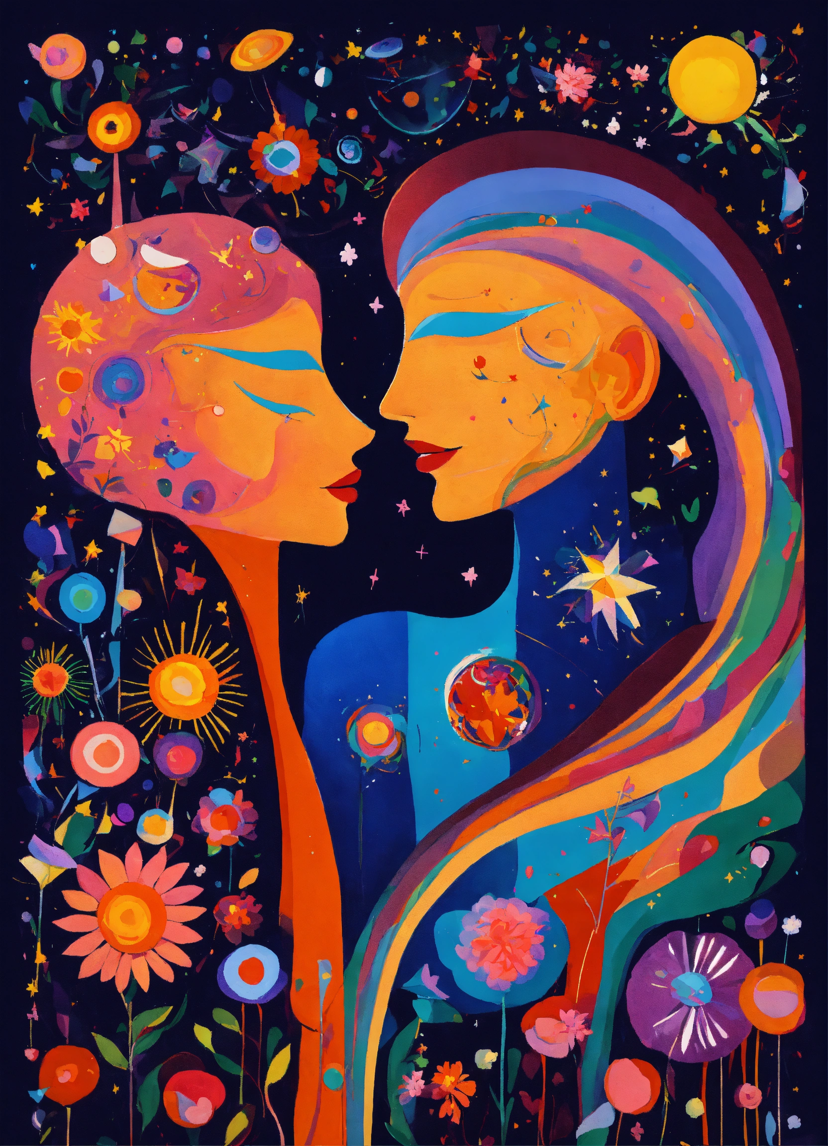 Lexica - Abstract lovers, man, woman, flowers, stars, colorful, portal ...