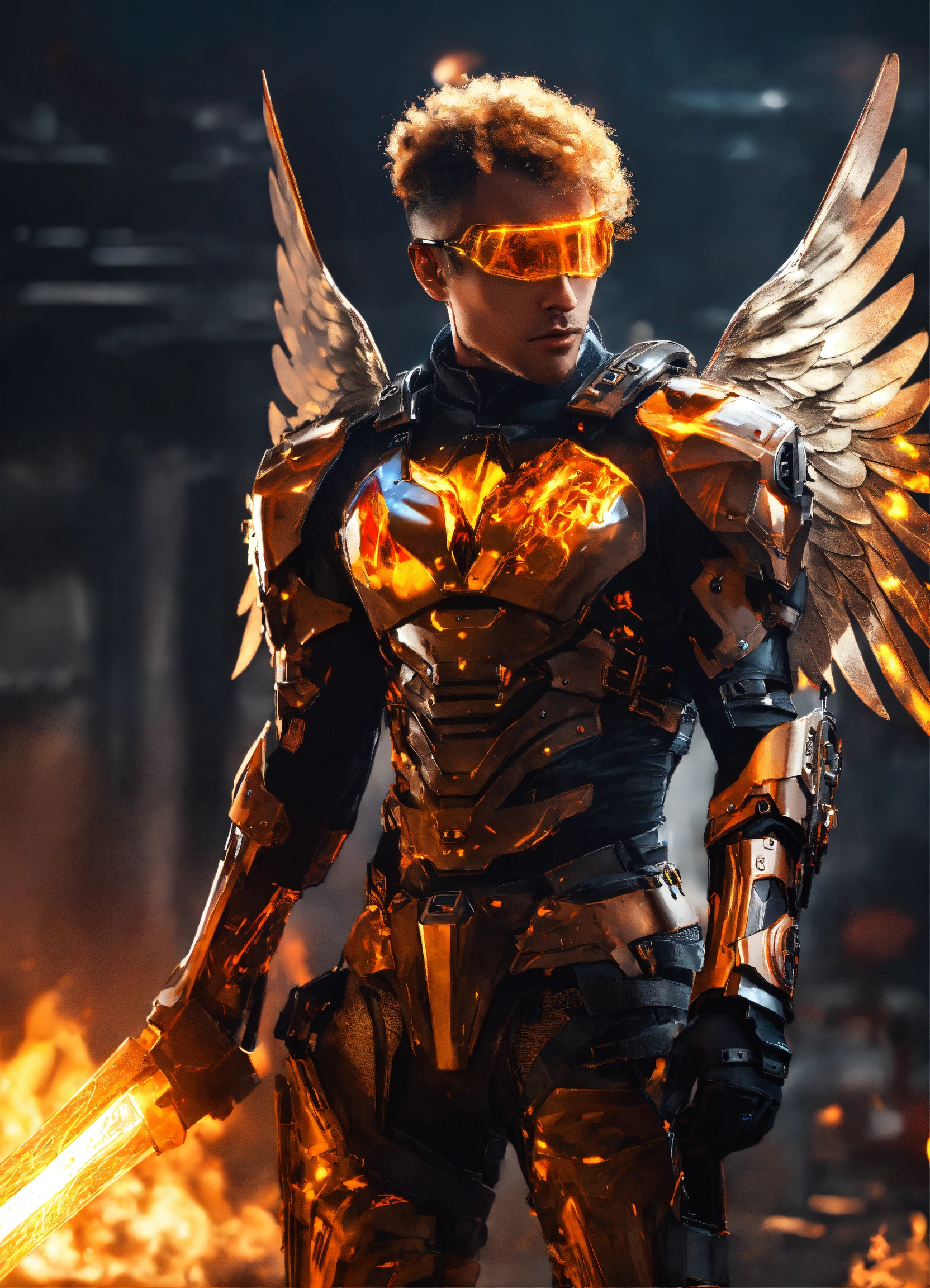 Lexica - Futuristic Male Angel in high tech body armor with flaming sword