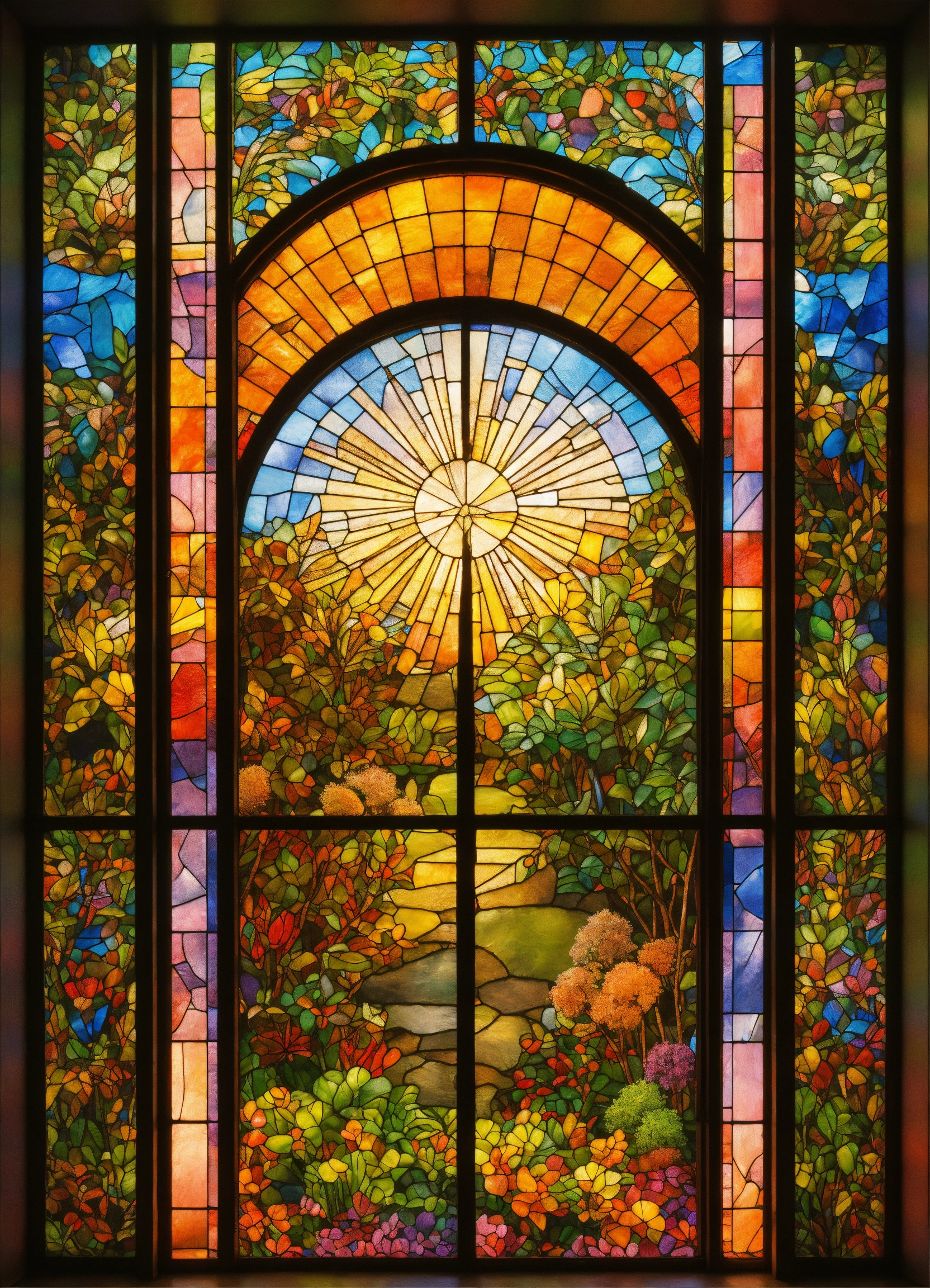 Lexica - A vitral window, with colorful nature motives and a big ...
