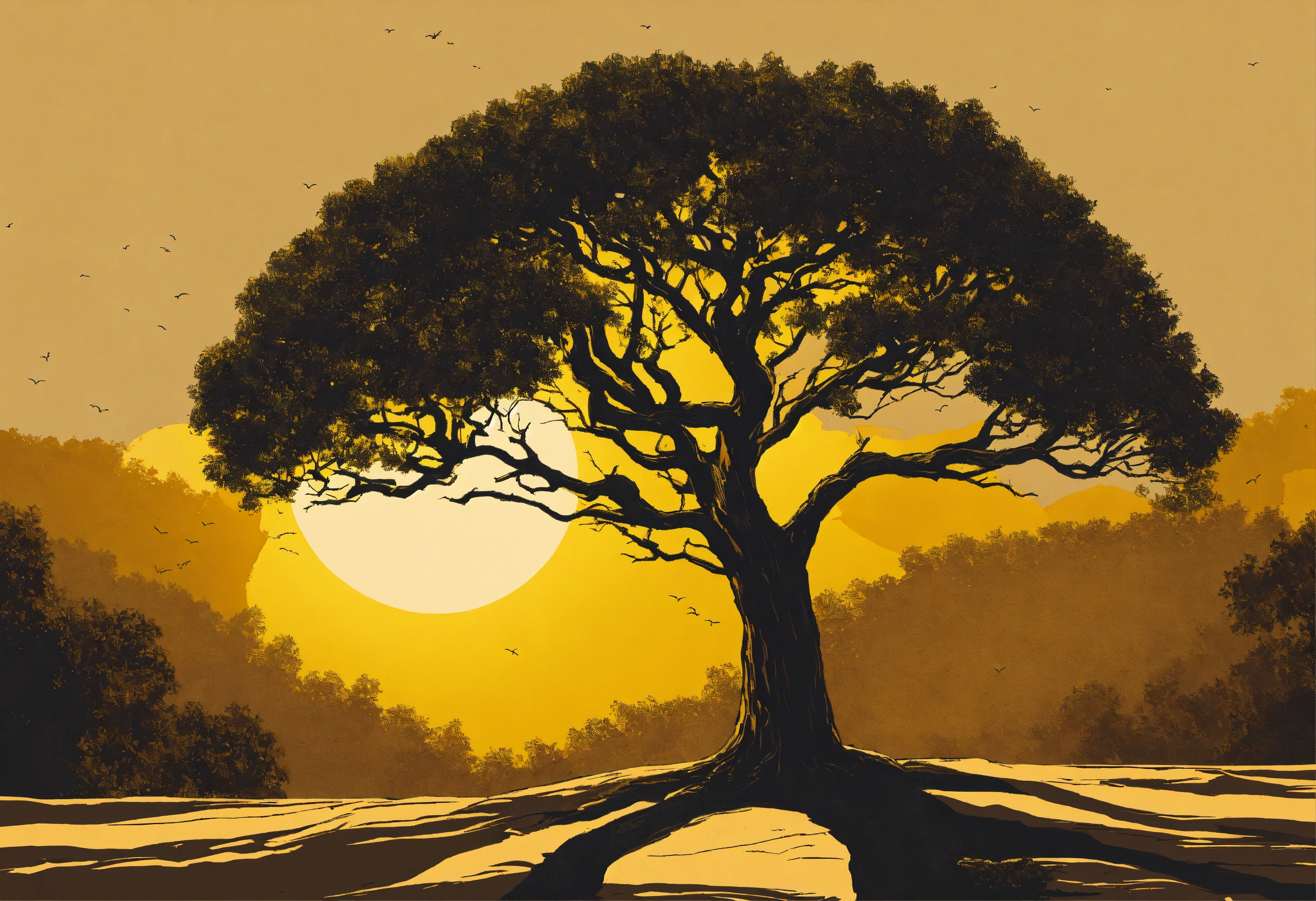 Lexica - Illustration of a black young tee tree with a dark yellow sun ...